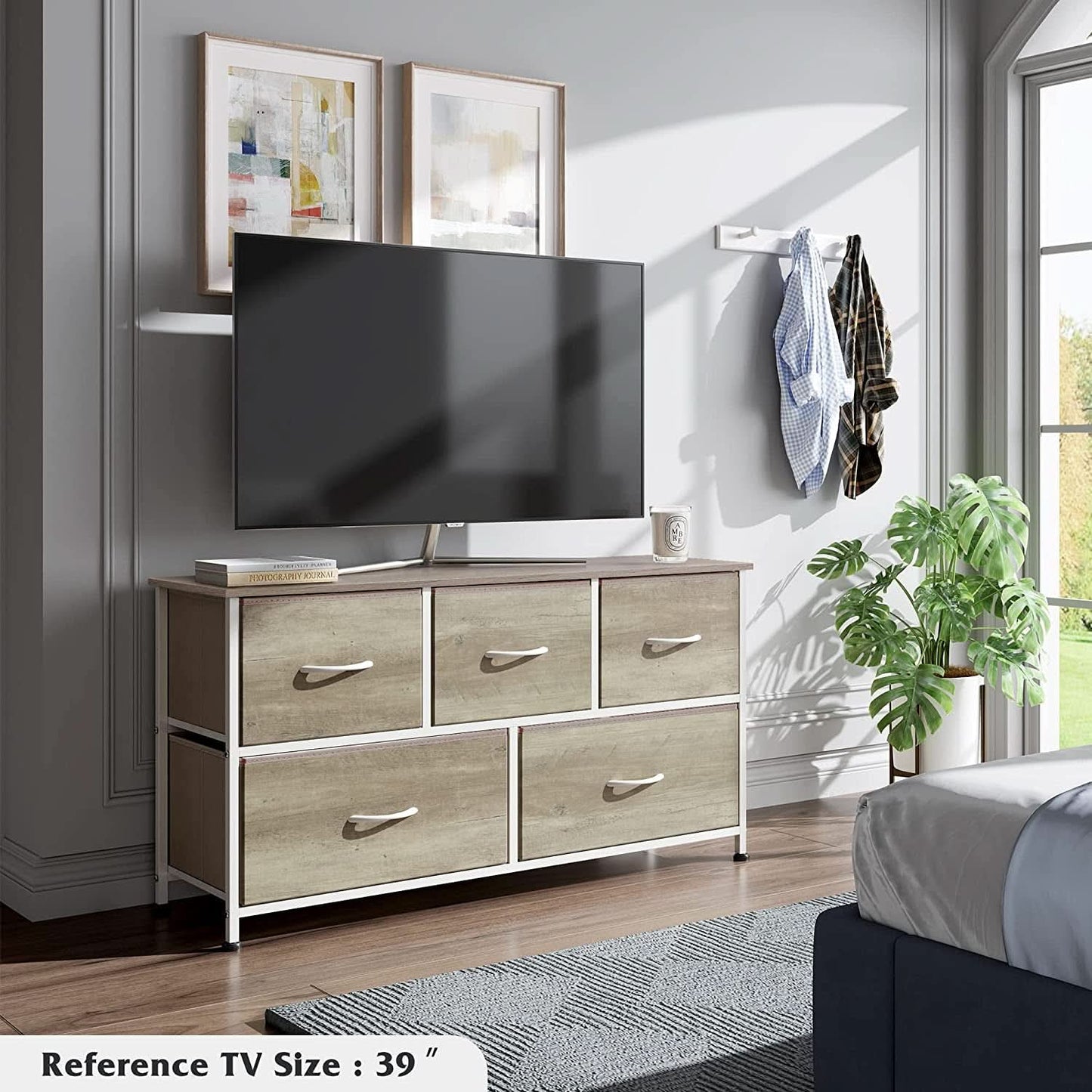5 Drawer Wide Fabric Dresser Organizer With Wood Top