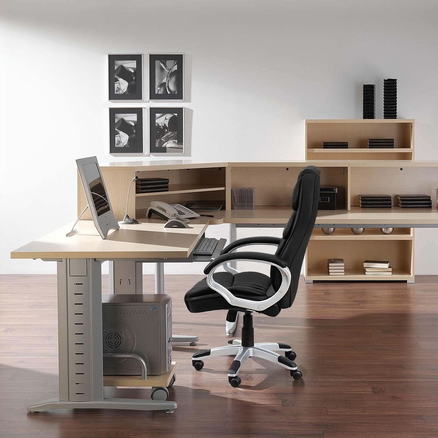 Black PU Leather Office Chair With Adjustable Height And Lumbar Support