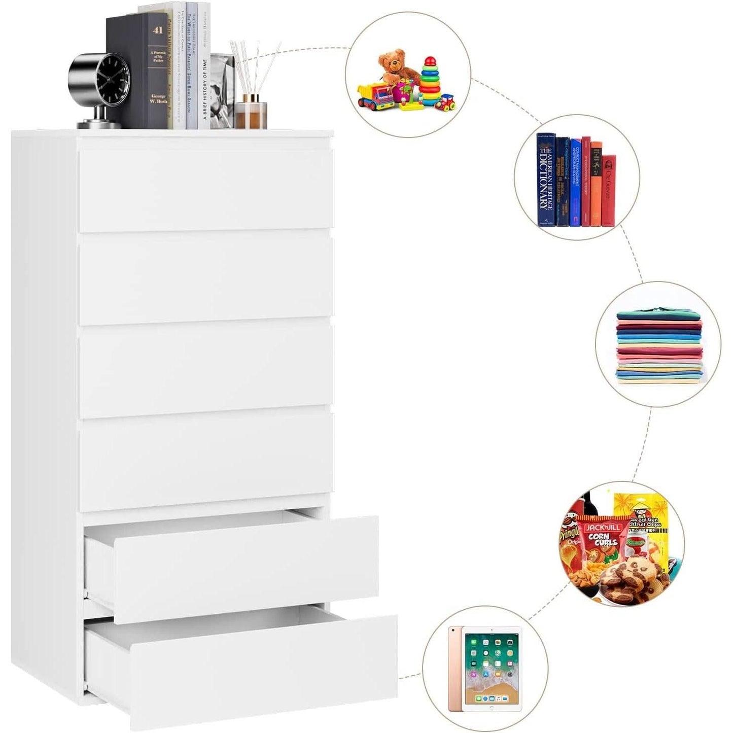 White Wooden 6 Drawer Bedroom Dresser With Sliding Rails