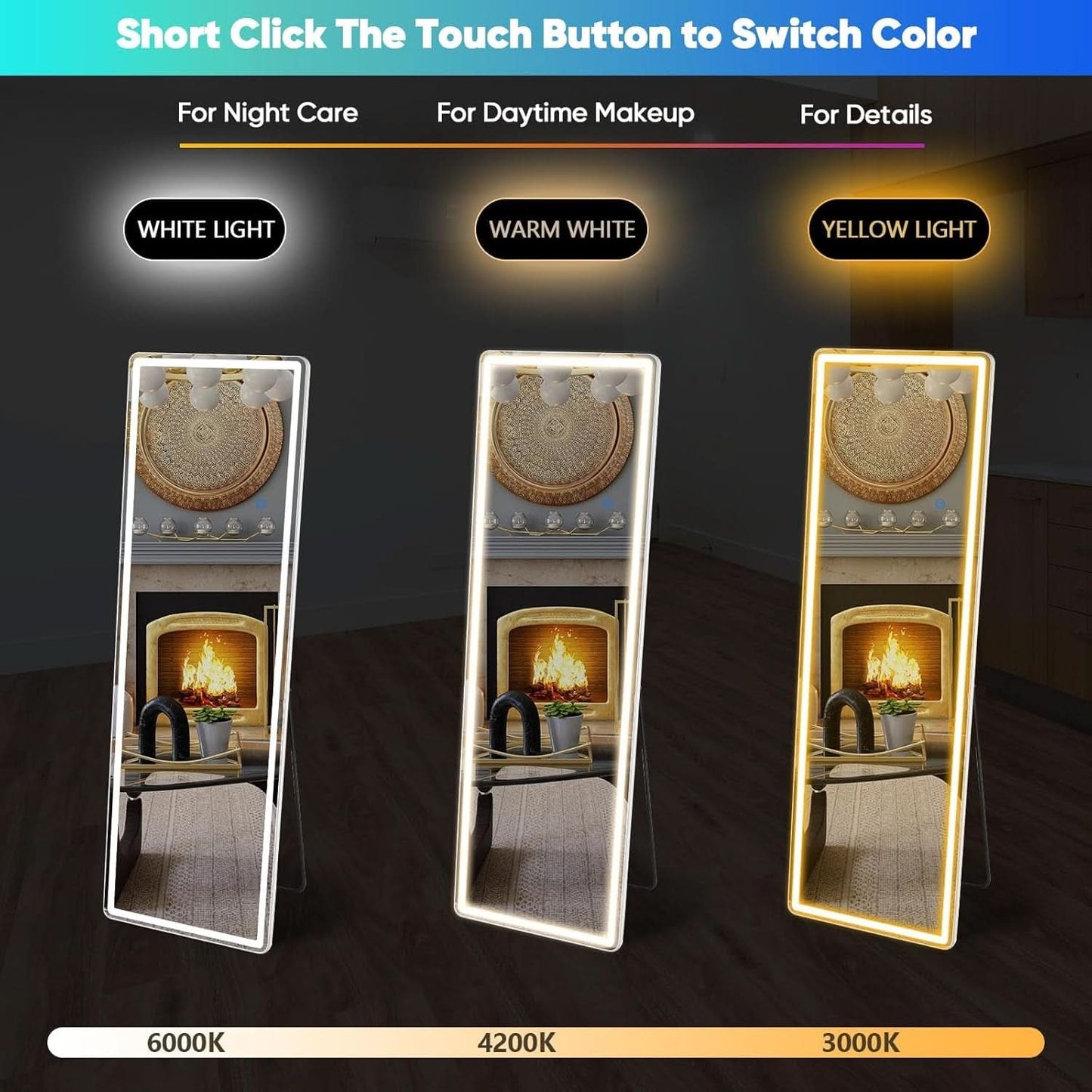 LED 20x63 Full Length Mirror With 3 Color Lights For Bedroom