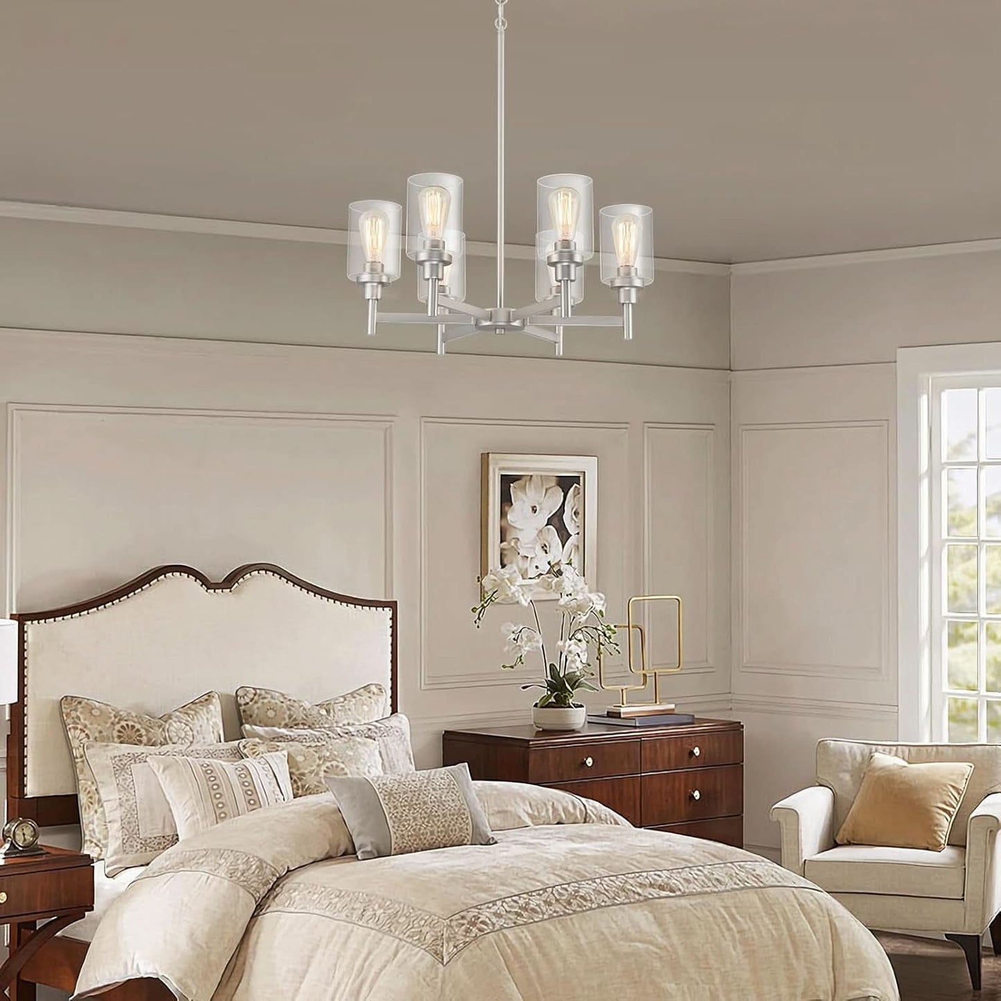 Brushed Nickel Six Light Chandelier With Clear Glass Shades