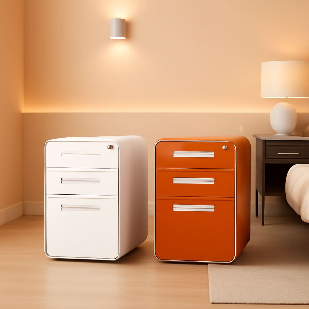 White Filing Cabinet With Lock And Wheels For Office