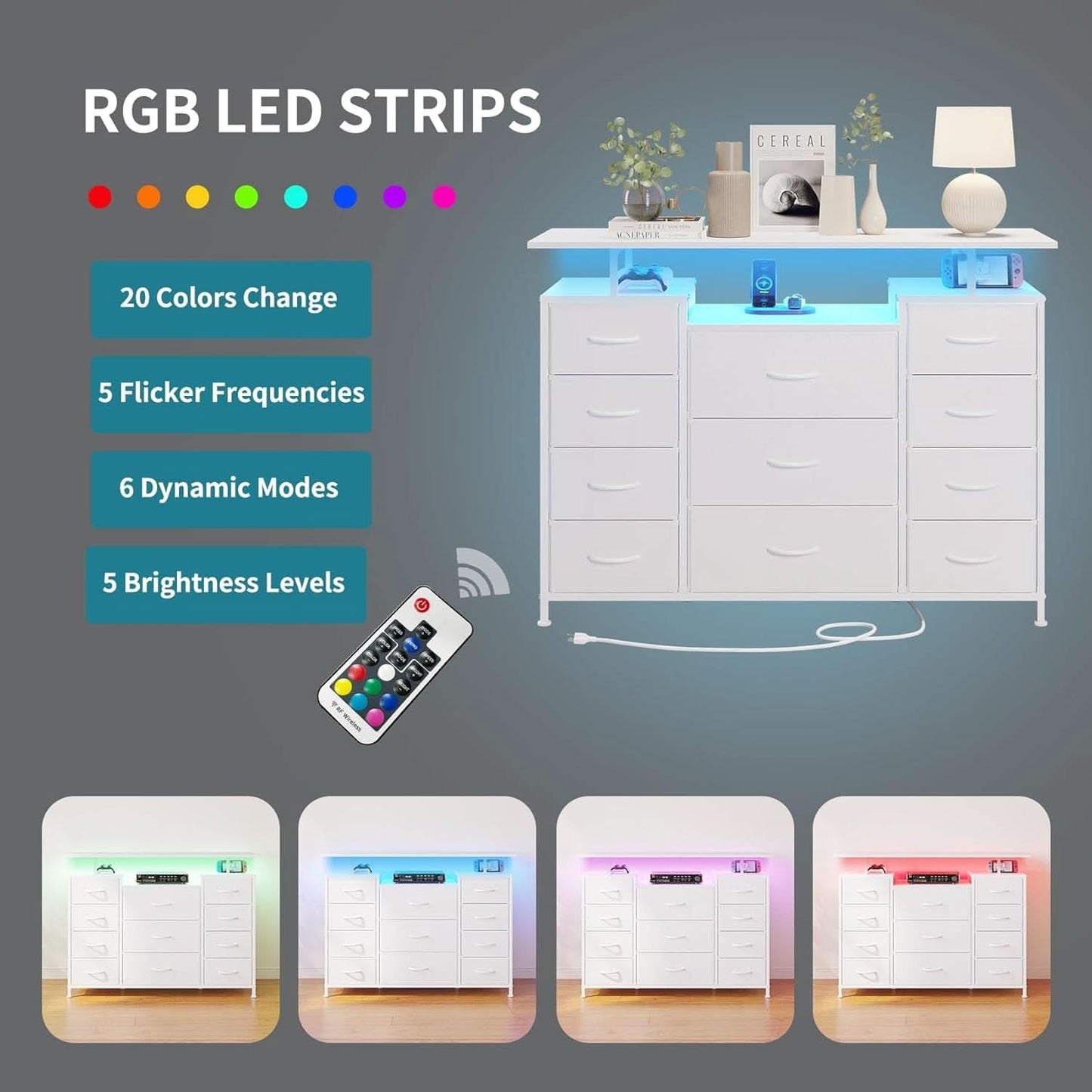 11 Drawer Dresser With Fabric Drawers And Charging Station For Bedroom Storage And Organization