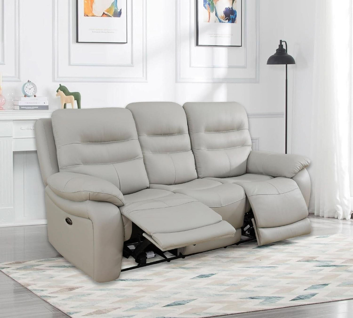 Power Reclining Leather Sofa Set With USB Port Light Grey