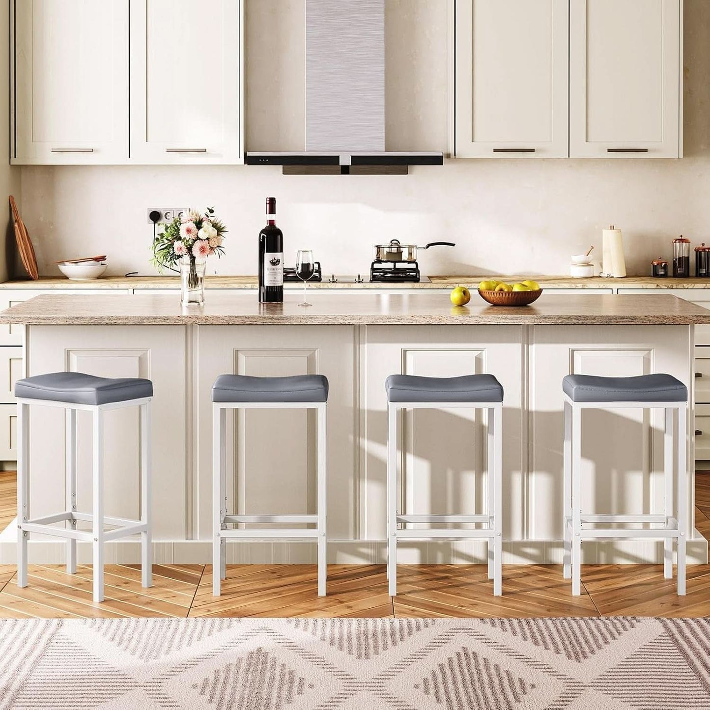 Saddle Bar Stools Set of 2, 24.8 Inches, White and Gray