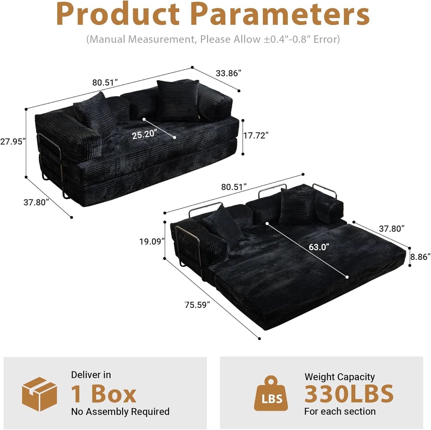 81 Inch Foldable Black Sofa Bed MemoryFoamContourPlus