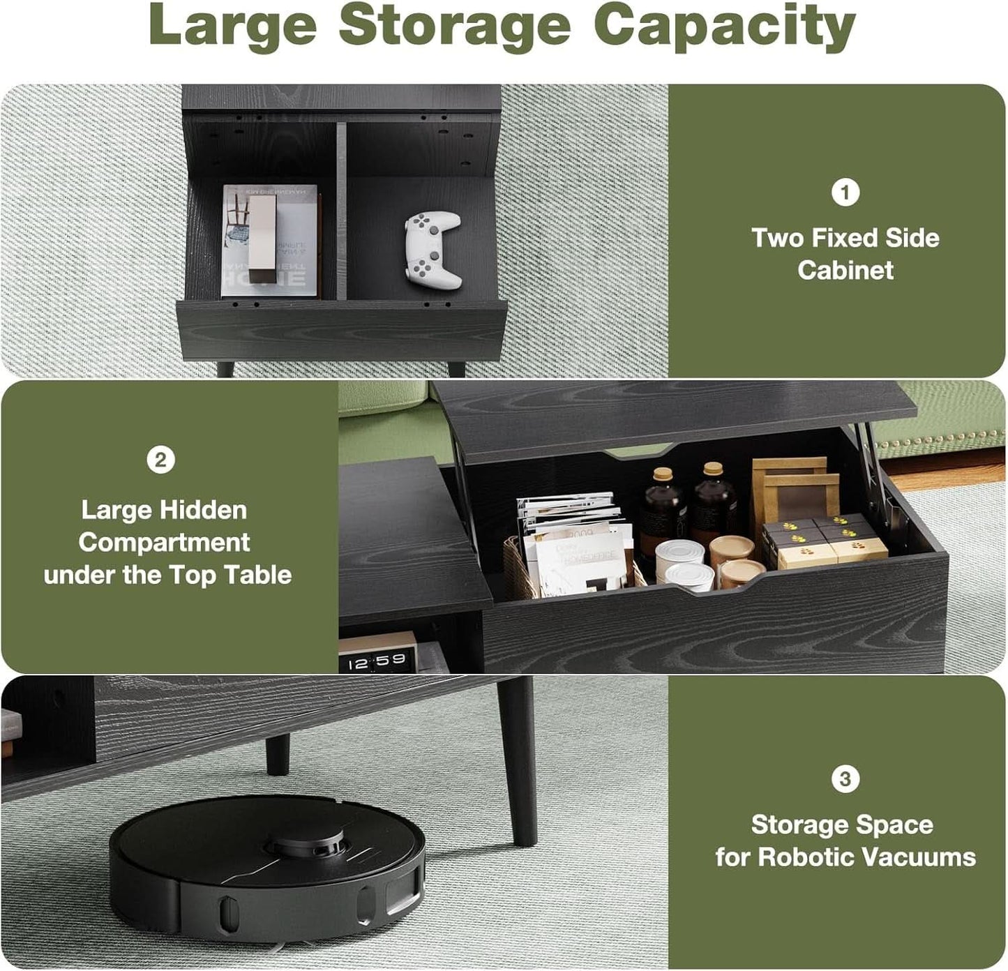 Black Wood Lift Top Coffee Table With Hidden Compartment