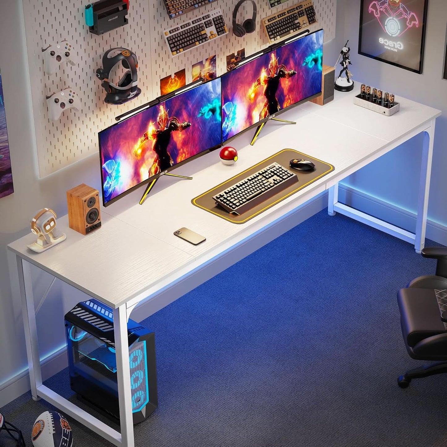 80 Inch White Computer Desk With Storage Metal Frame