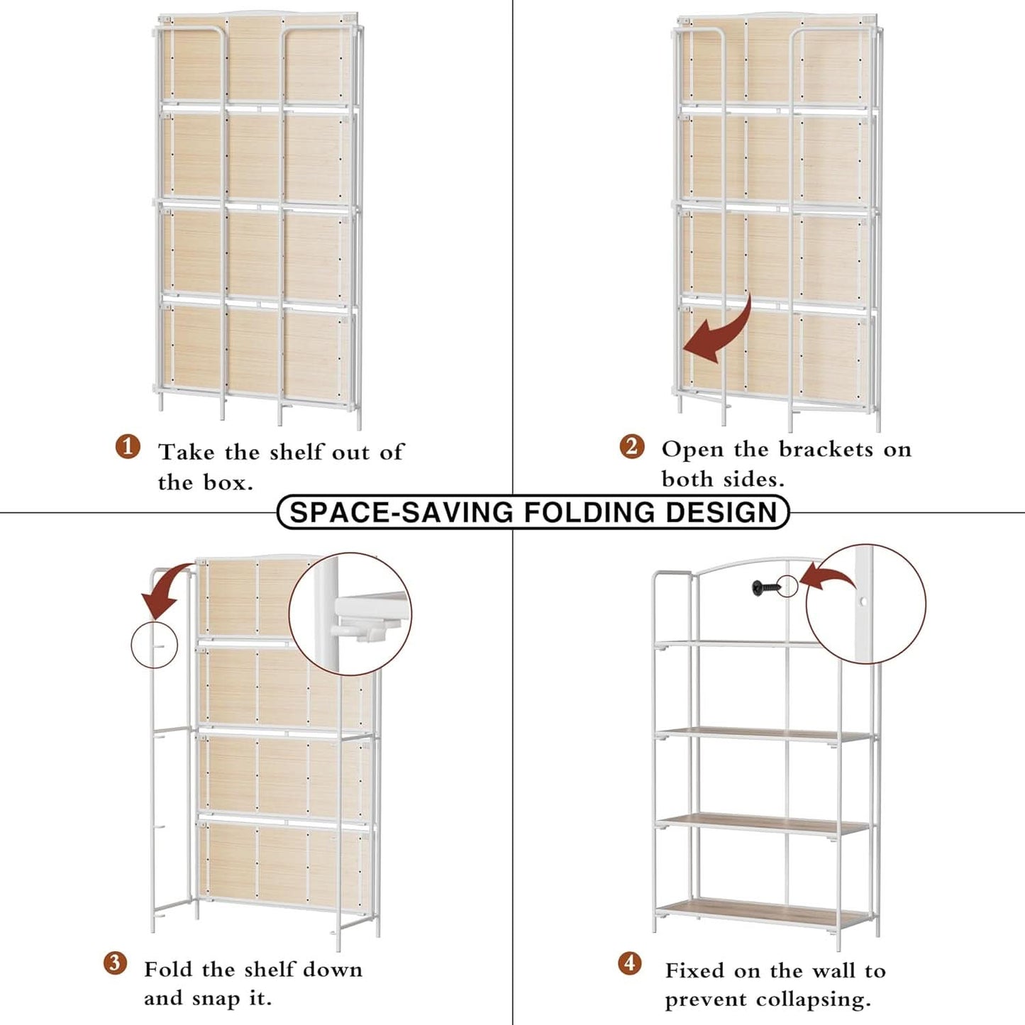 No Assembly Foldable Bookshelf 4 Tier White Bookcase