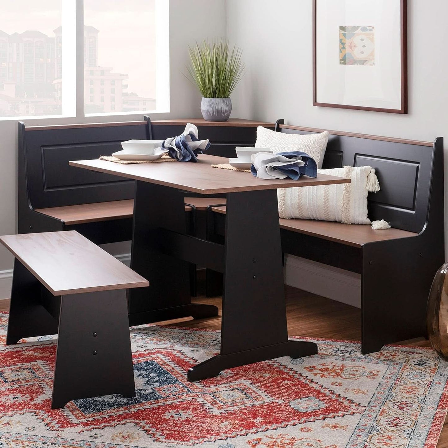 Black Pecan Five Seat Dining Set With Storage Benches