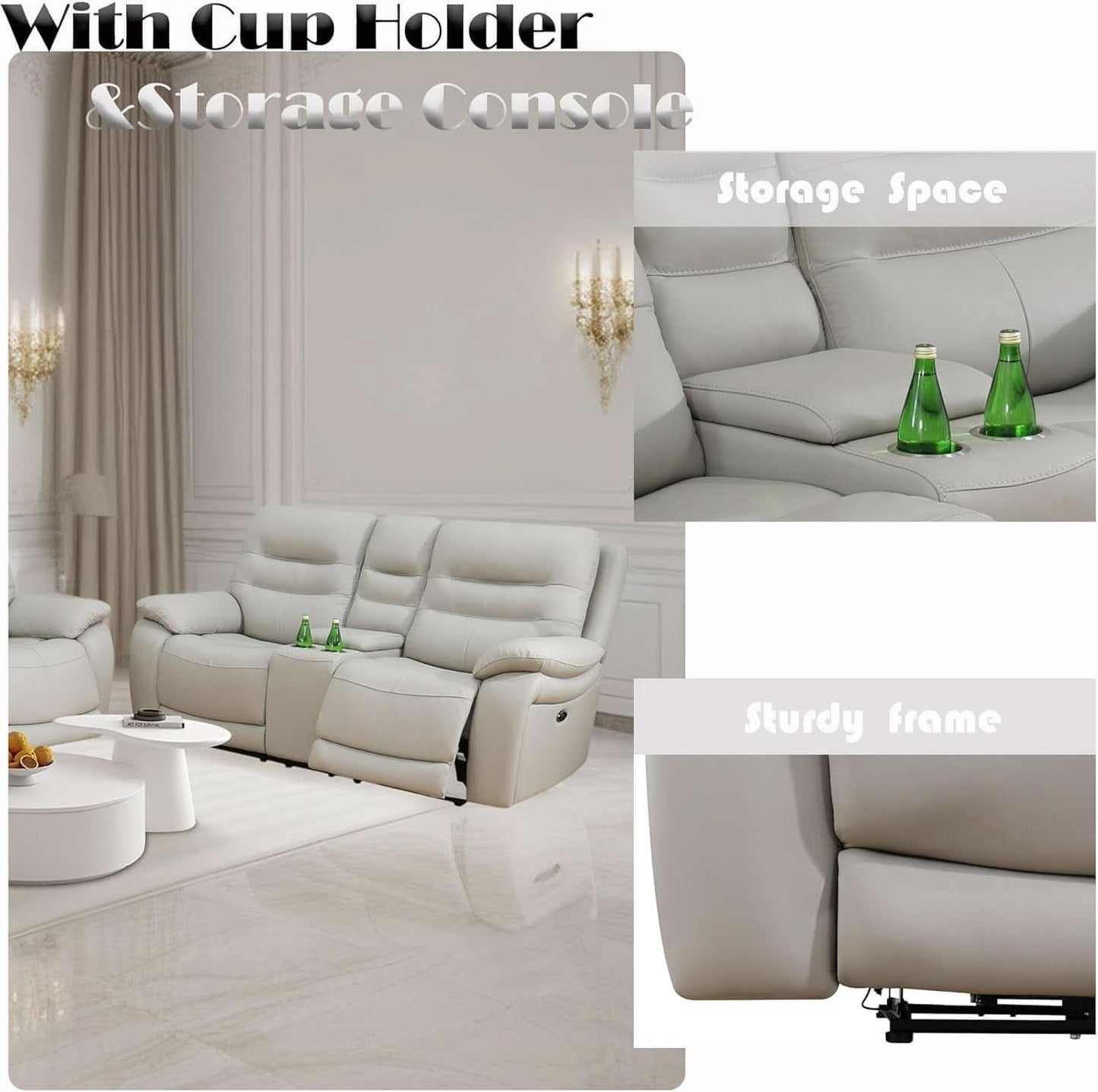 Power Reclining Leather Sofa Set With USB Port Light Grey