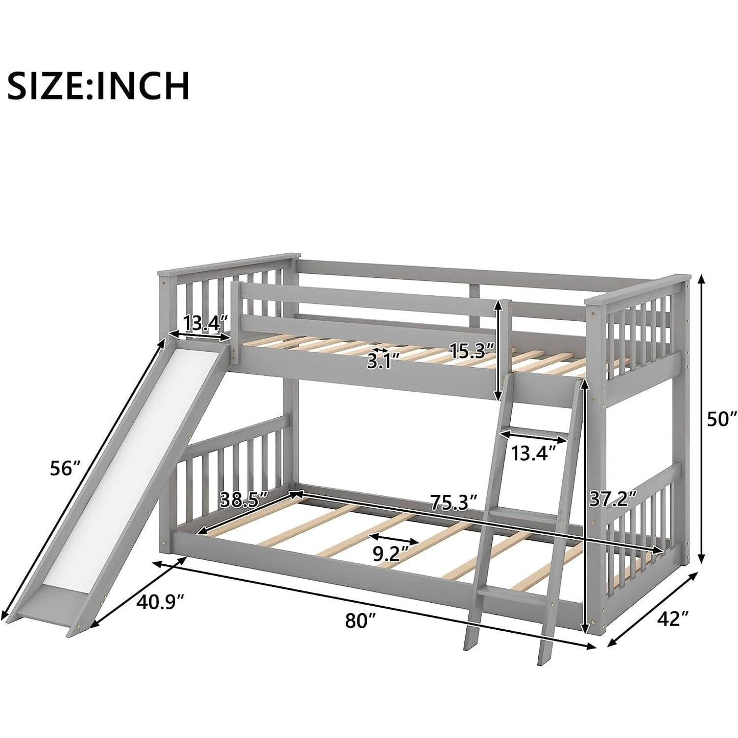 Grey Twin Bunk Bed With Slide Solid Pine Construction