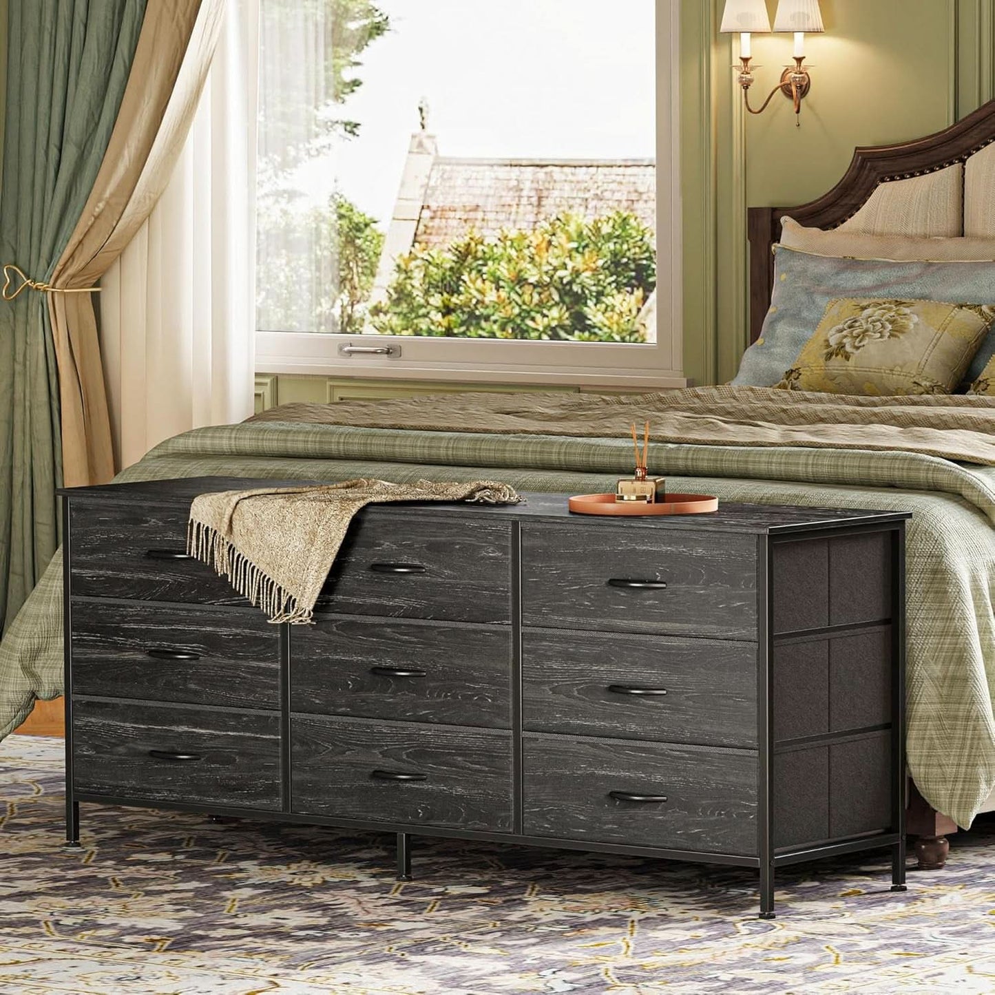9 Drawer Dresser TV Stand 55 Inch Charcoal Black Wood Grain