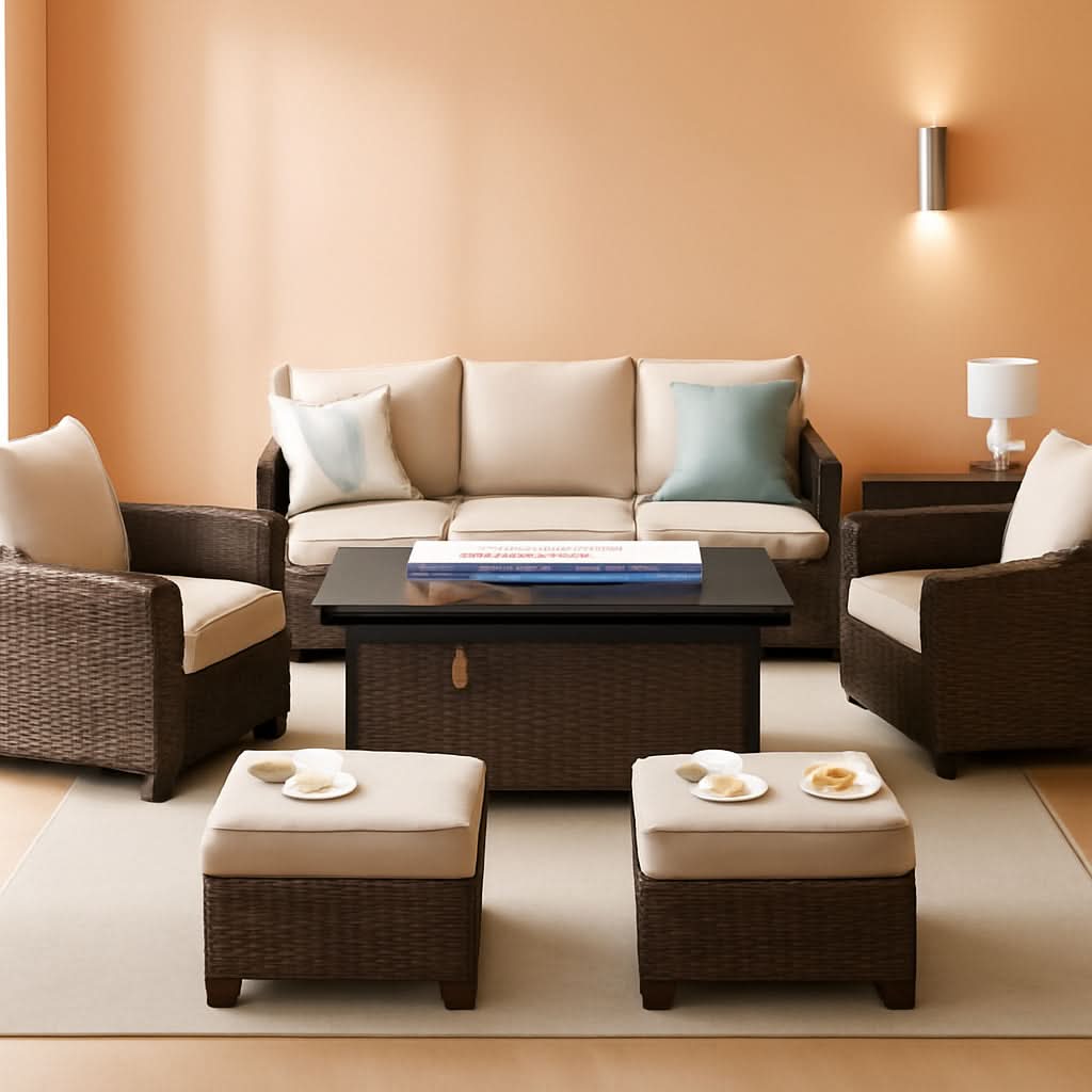 Brown Wicker Patio Furniture Set With Firepit Table 7 Seats