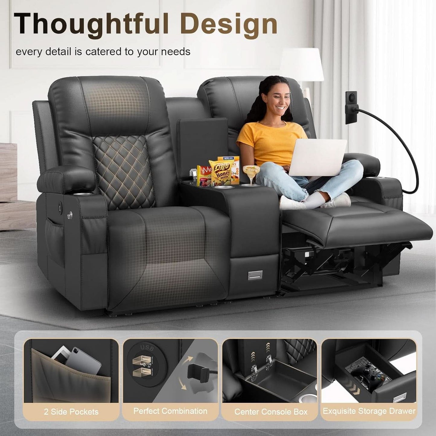 Loveseat Recliner Sofa With Storage Console And USB Ports