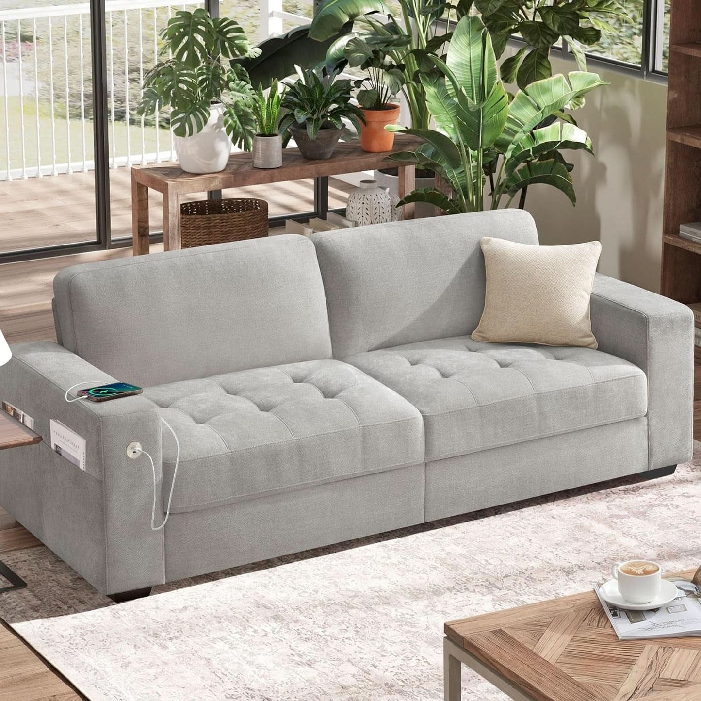 70 Inch Gray Chenille Loveseat With USB C Ports And Plush Cushions