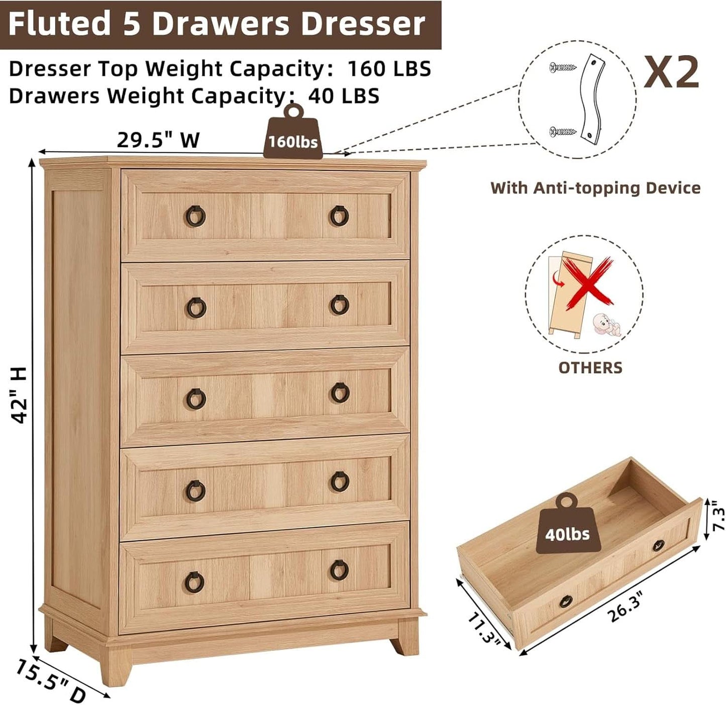 Farmhouse Style 5 Drawer Dresser 42 Inch Tall Rustic Finish