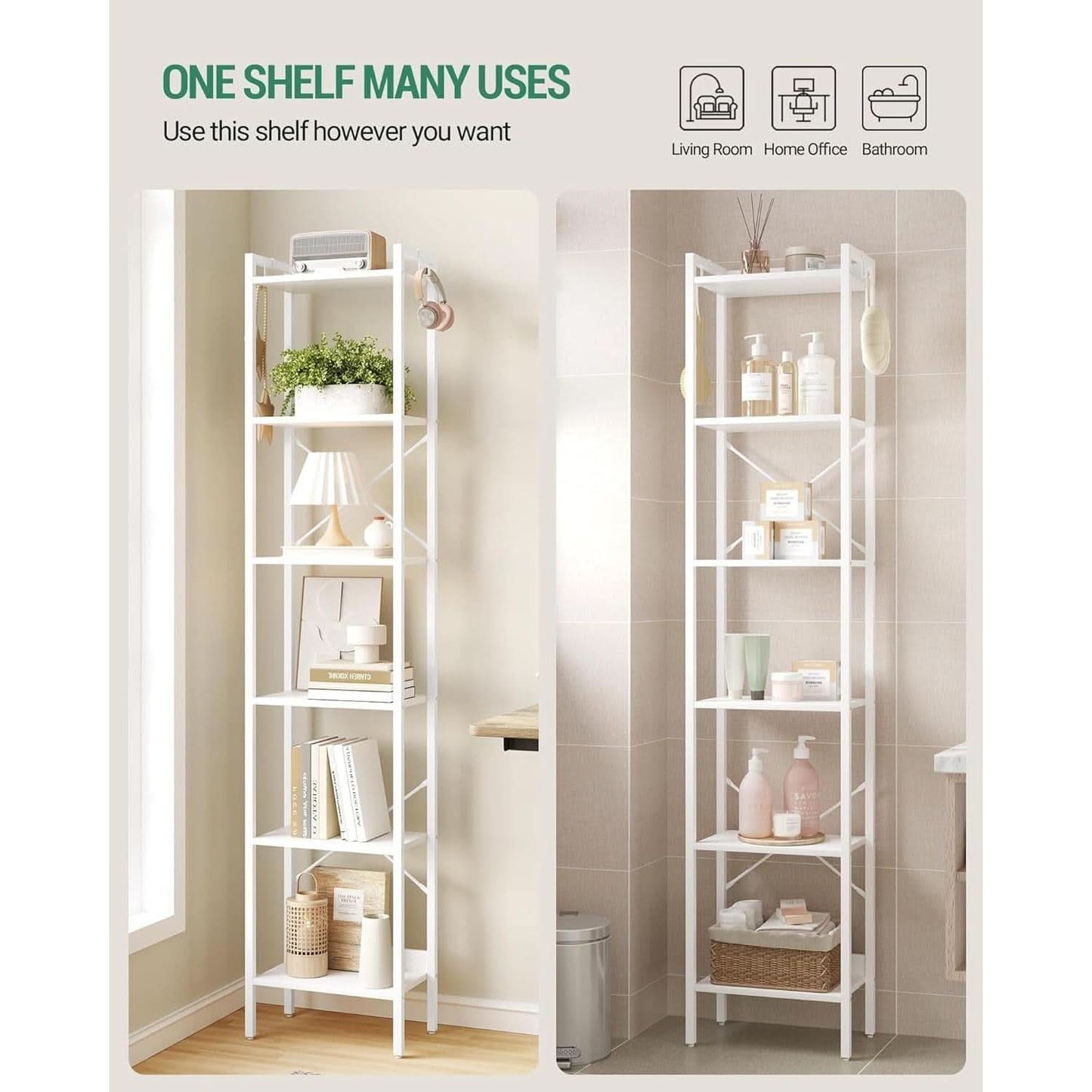 6 Tier White Industrial Bookshelf For Home Office Living Room