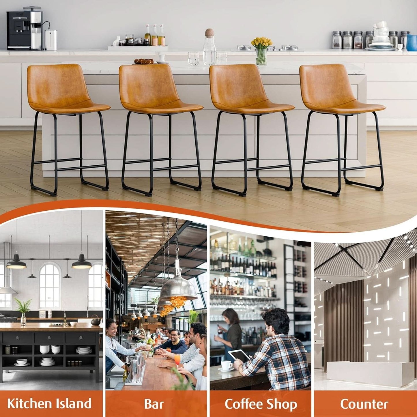 Bar Stools Set Of 4 26 Inch Brown PU Leather Counter Height