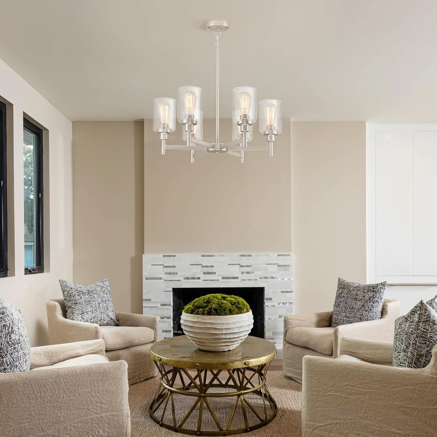 Brushed Nickel Six Light Chandelier With Clear Glass Shades