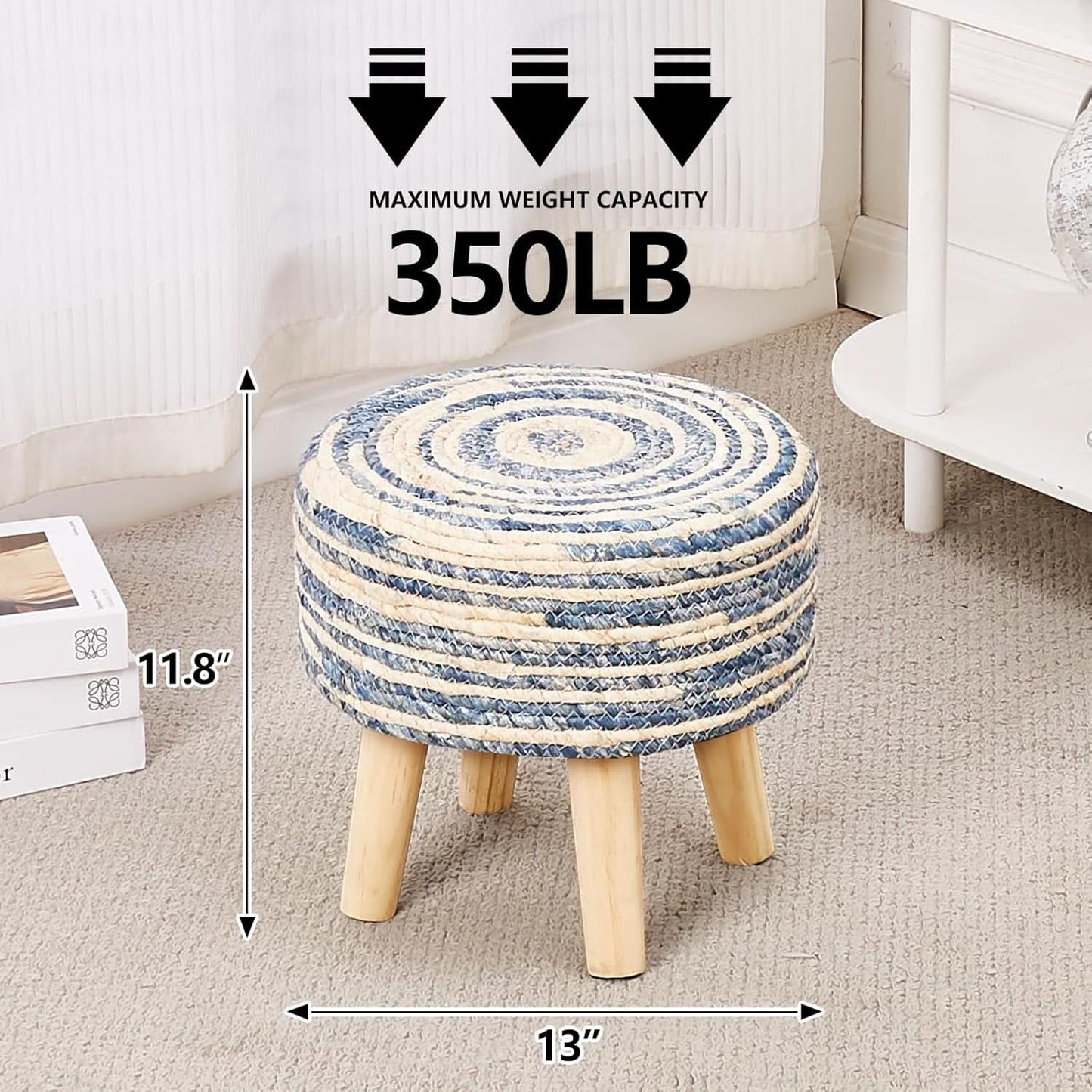 Round Seagrass Ottoman Footstool Handwoven Natural Blue