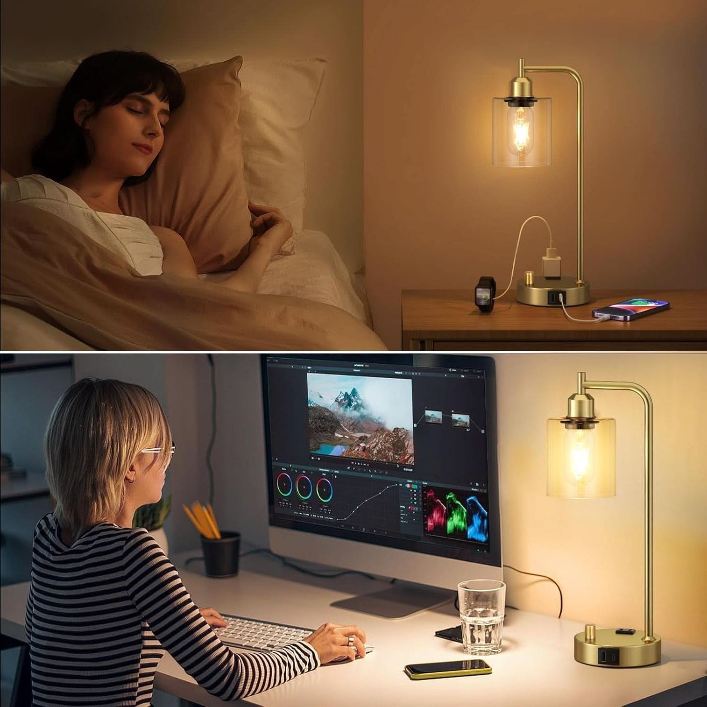 Industrial Dimmable Table Lamps Gold Finish With USB Ports