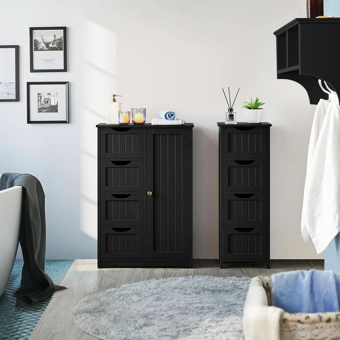 Wooden Bathroom Floor Storage Cabinet With 4 Drawers And Cupboard Freestanding