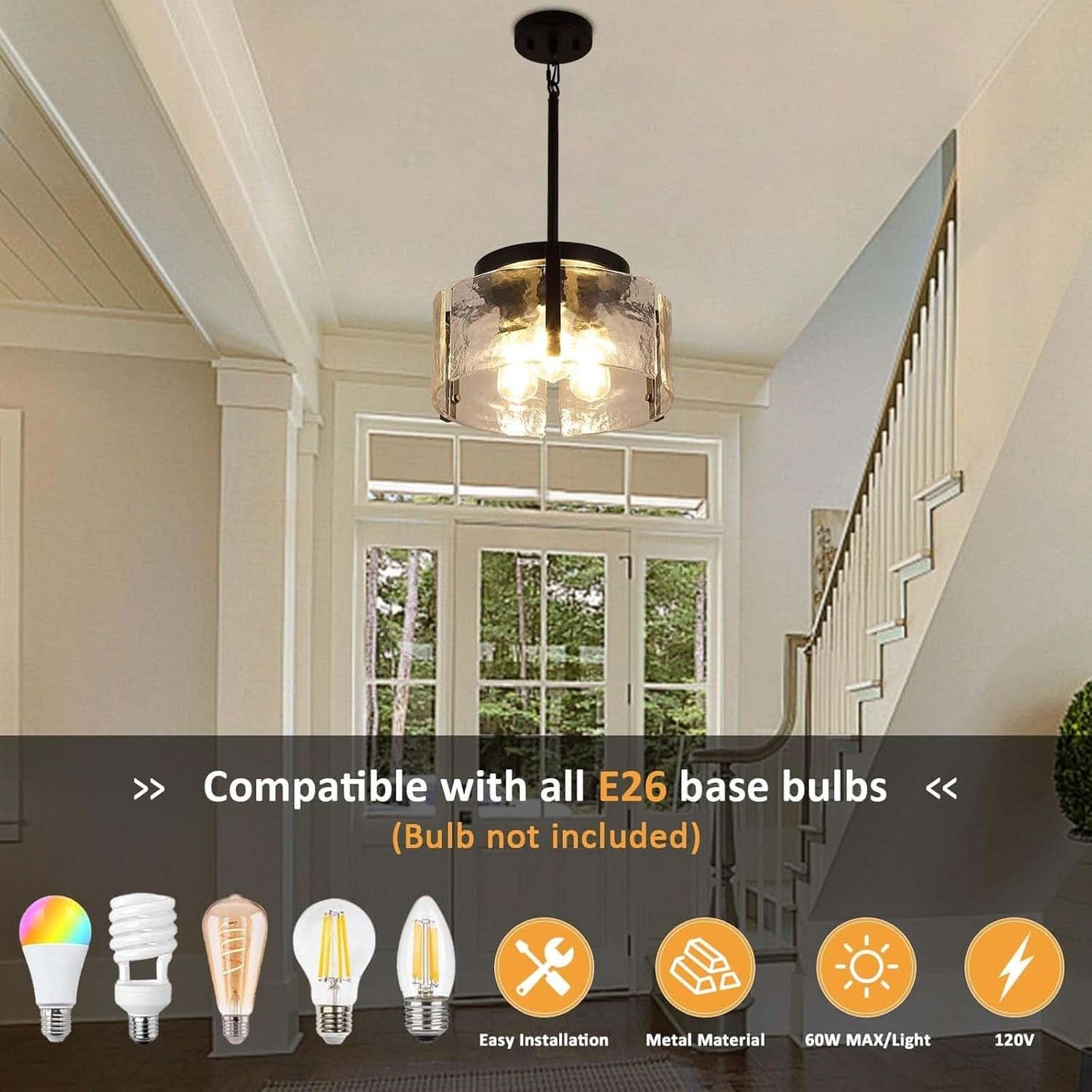 Black Adjustable Farmhouse Chandelier For Dining Room With Hammered Glass