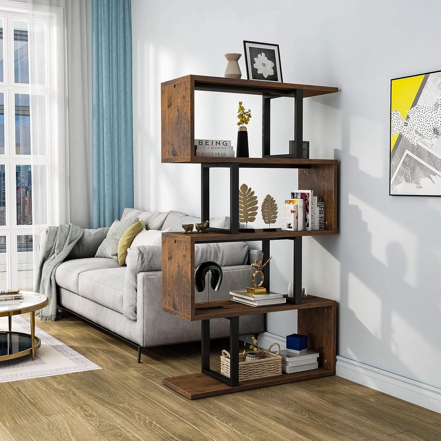 S Shaped 5 Tier Bookshelf Bookcase In Retro Brown Finish