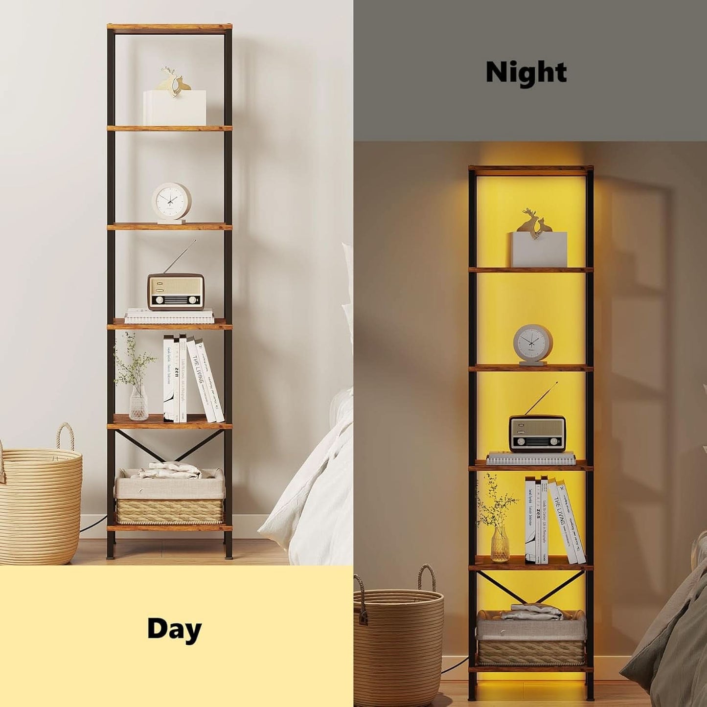 6 Tier Bookshelf With LED Lights In Rustic Brown Living Room