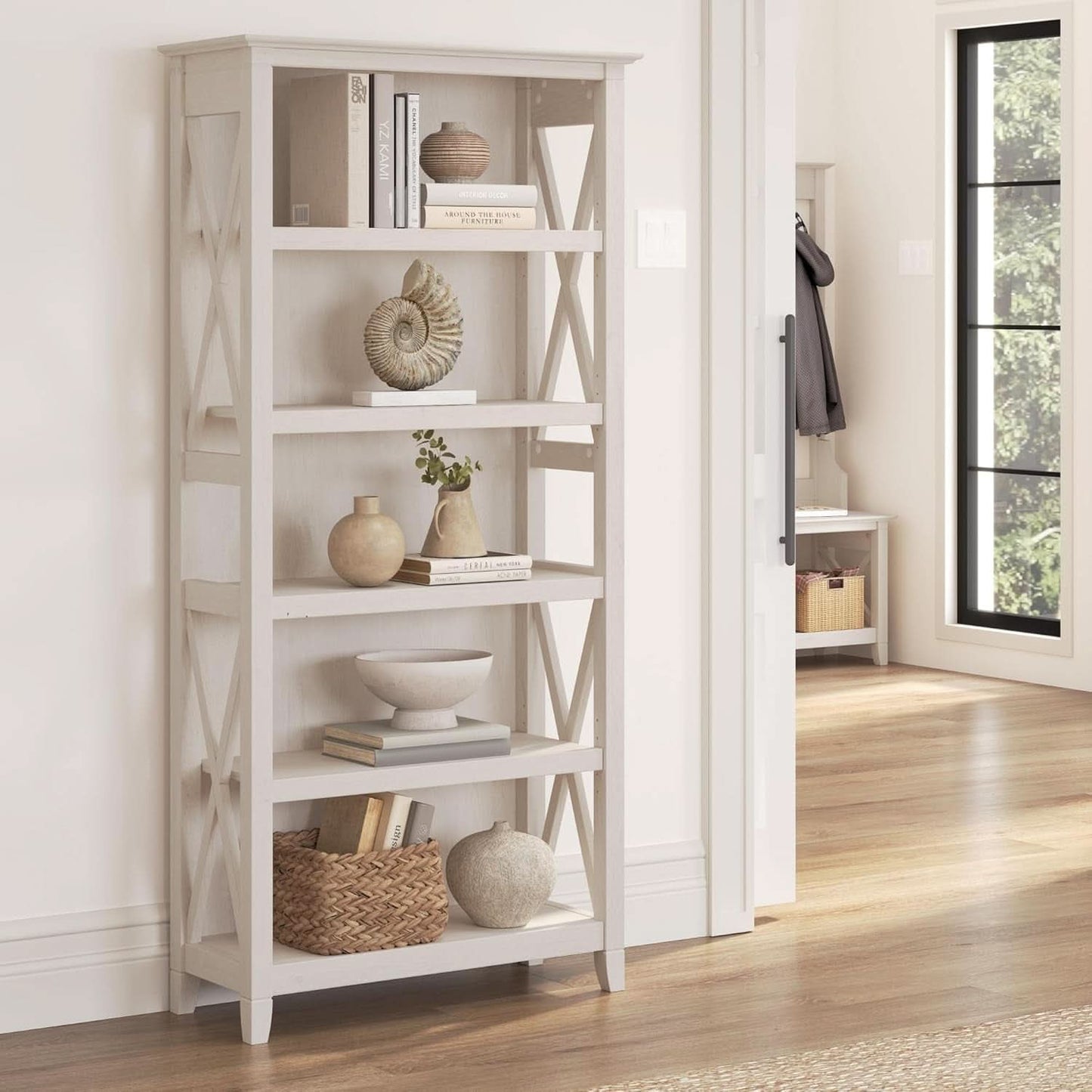 Tall 5 Shelf Bookcase Linen White Oak Modern Farmhouse