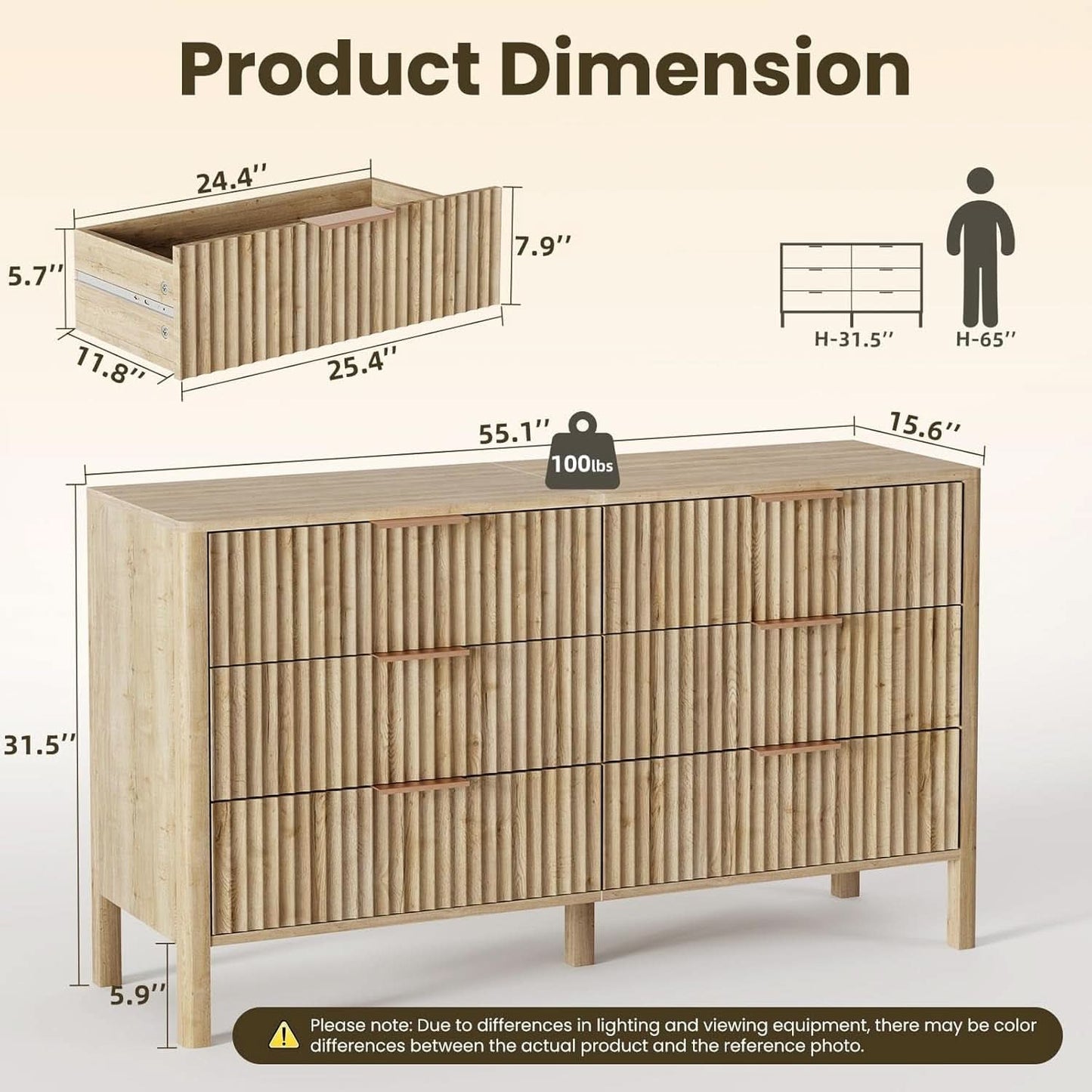 Solid Oak 55 Inch Wide Dresser With Six Drawers For Bedroom