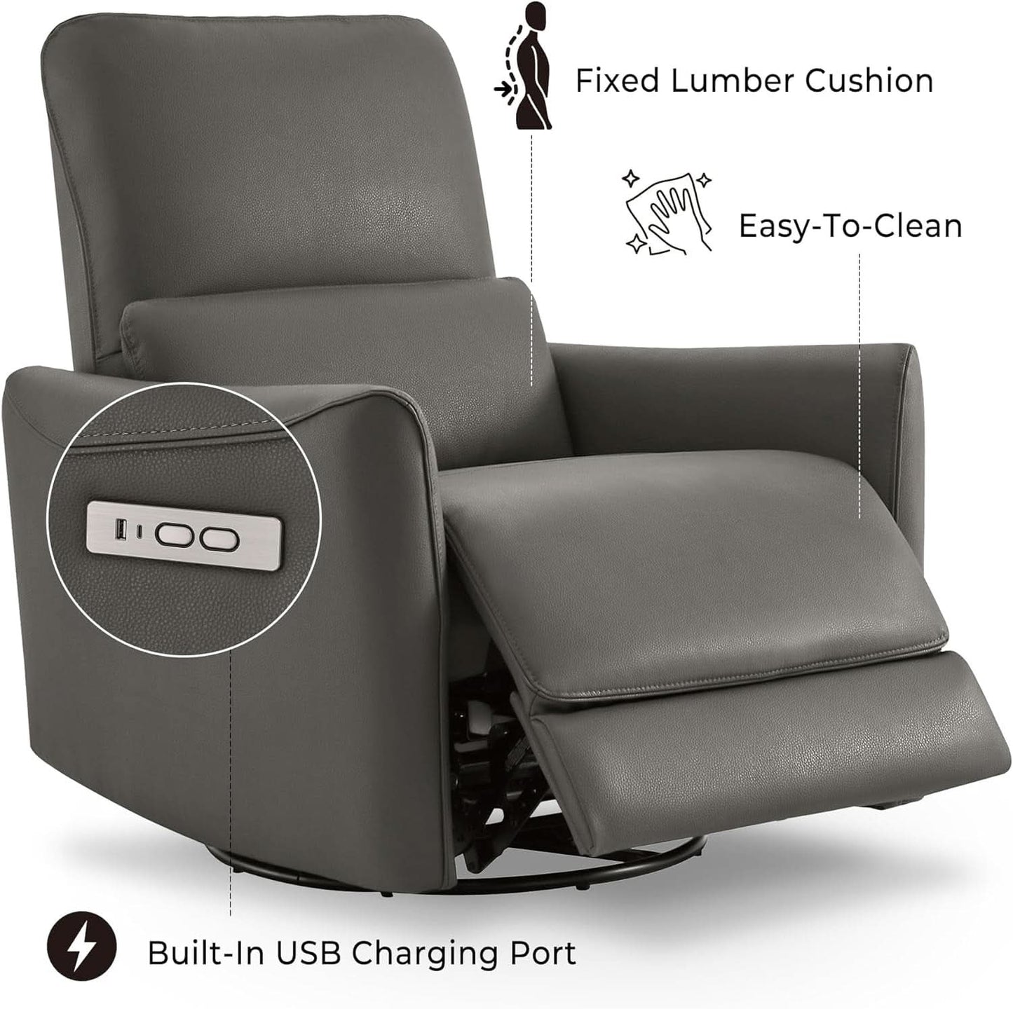 Power Recliner Chair USB Charging Charcoal Faux Leather