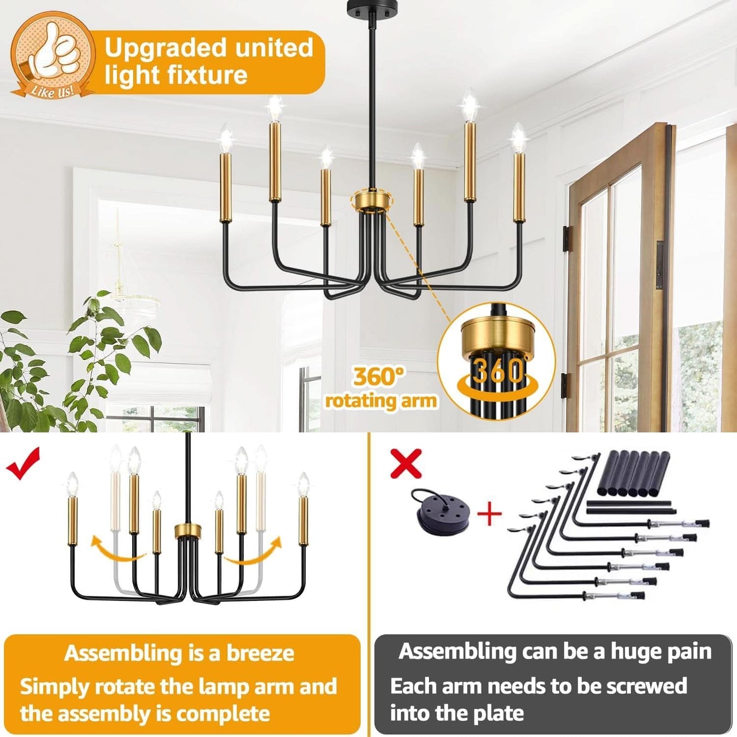 Black And Gold Six Light Farmhouse Chandelier For Dining Room