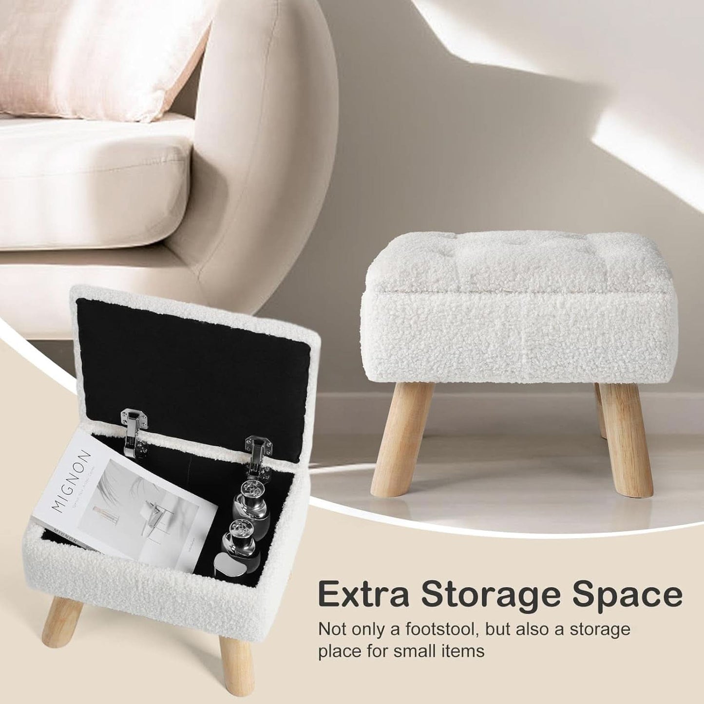 Cream Velvet Storage Ottoman With Extra Cushioning