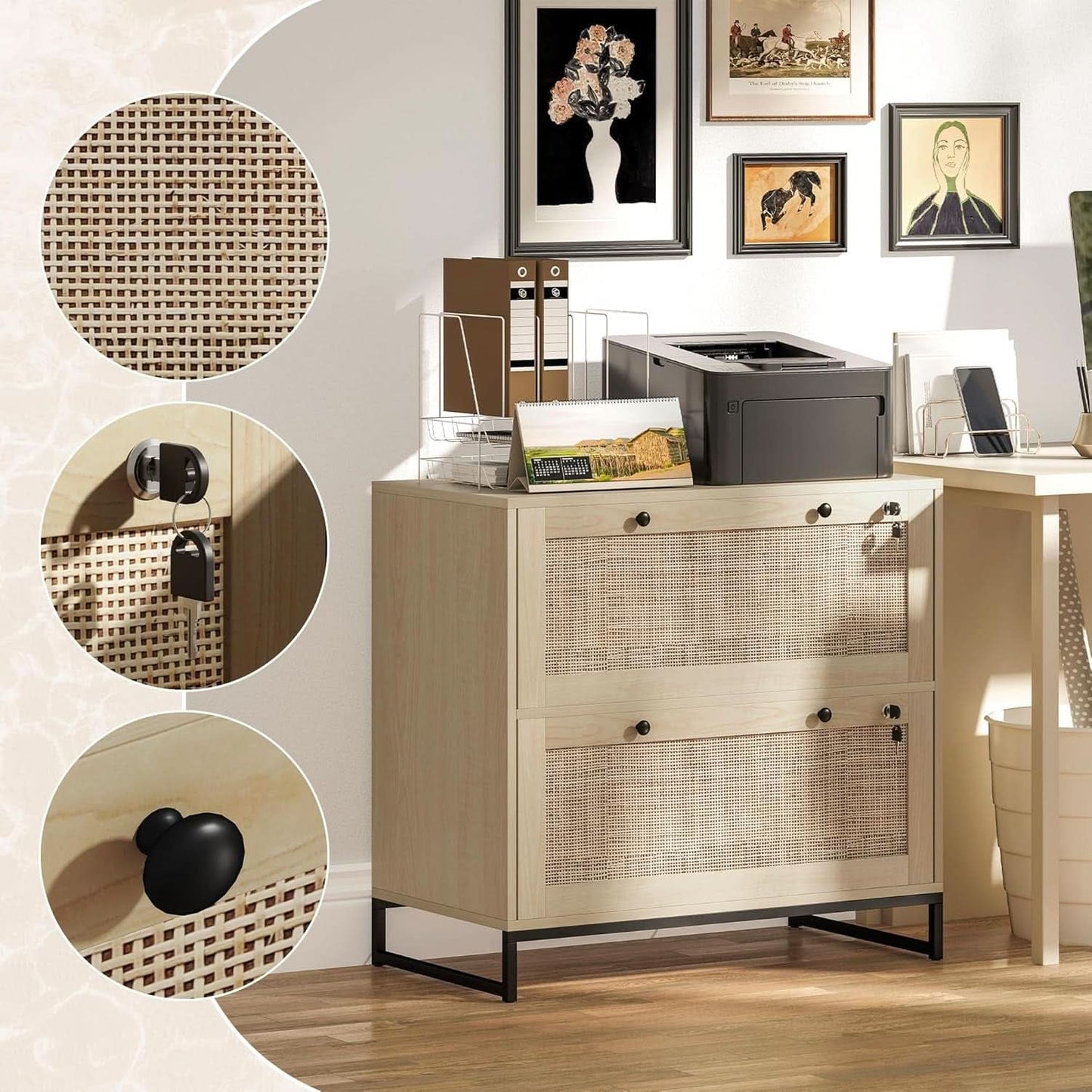 Two Drawer Rattan File Cabinet With Lock, Printer Stand And Adjustable Bars For Letter A4 Legal Files Natural Finish