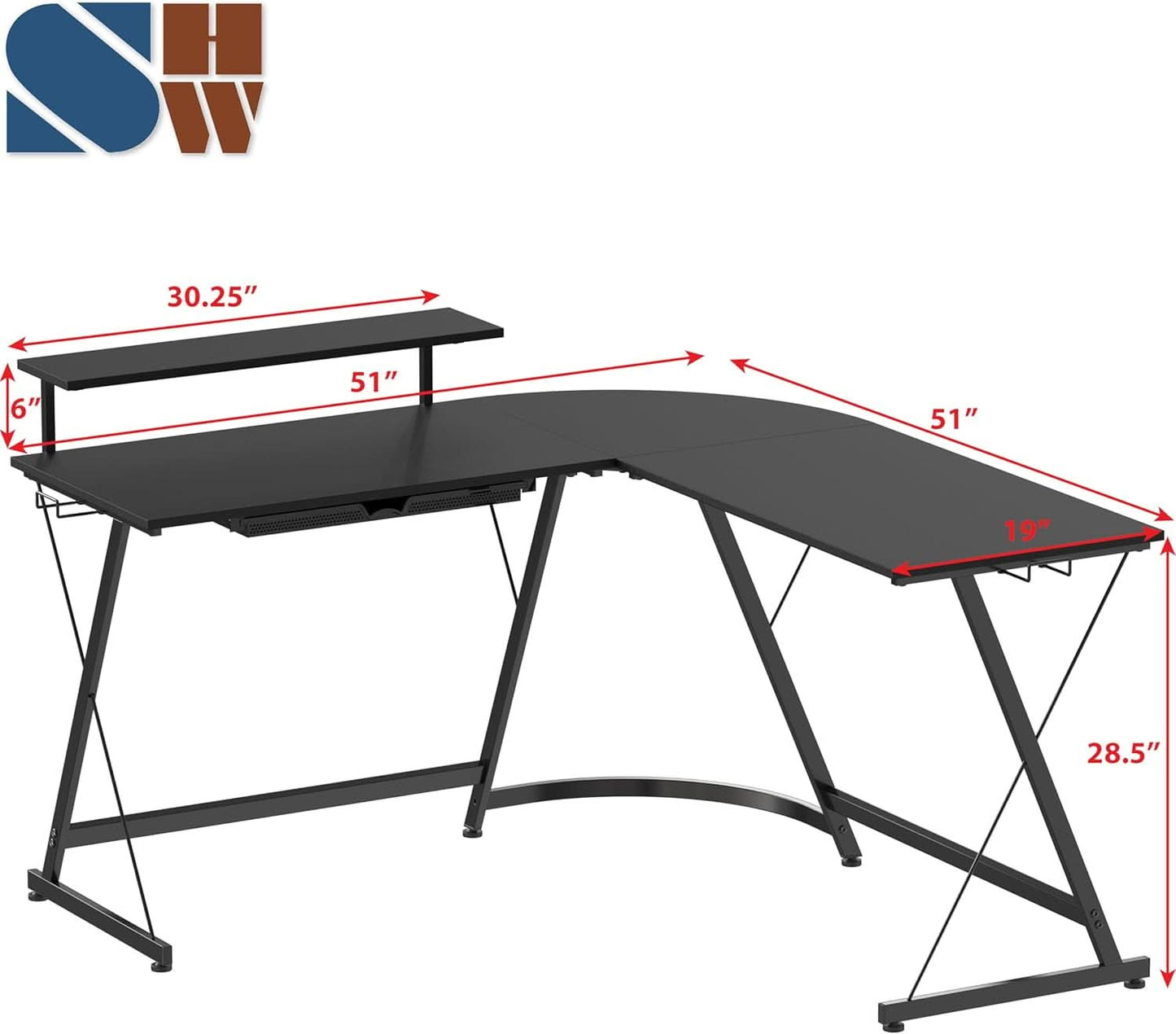 Vista L Shaped Desk With Removable Monitor Shelf In Black