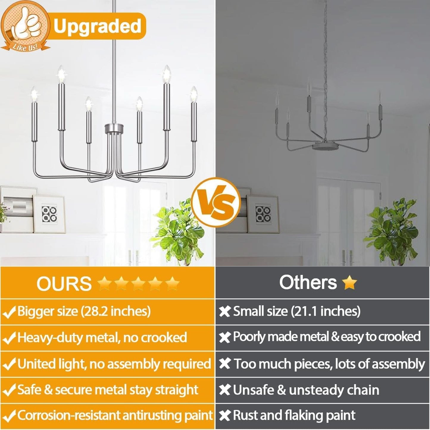 6 Light Brushed Nickel Farmhouse Chandelier For Dining Room