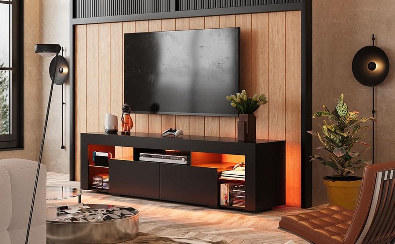 63 Inch Black LED TV Stand With 2 Drawers For Living Room