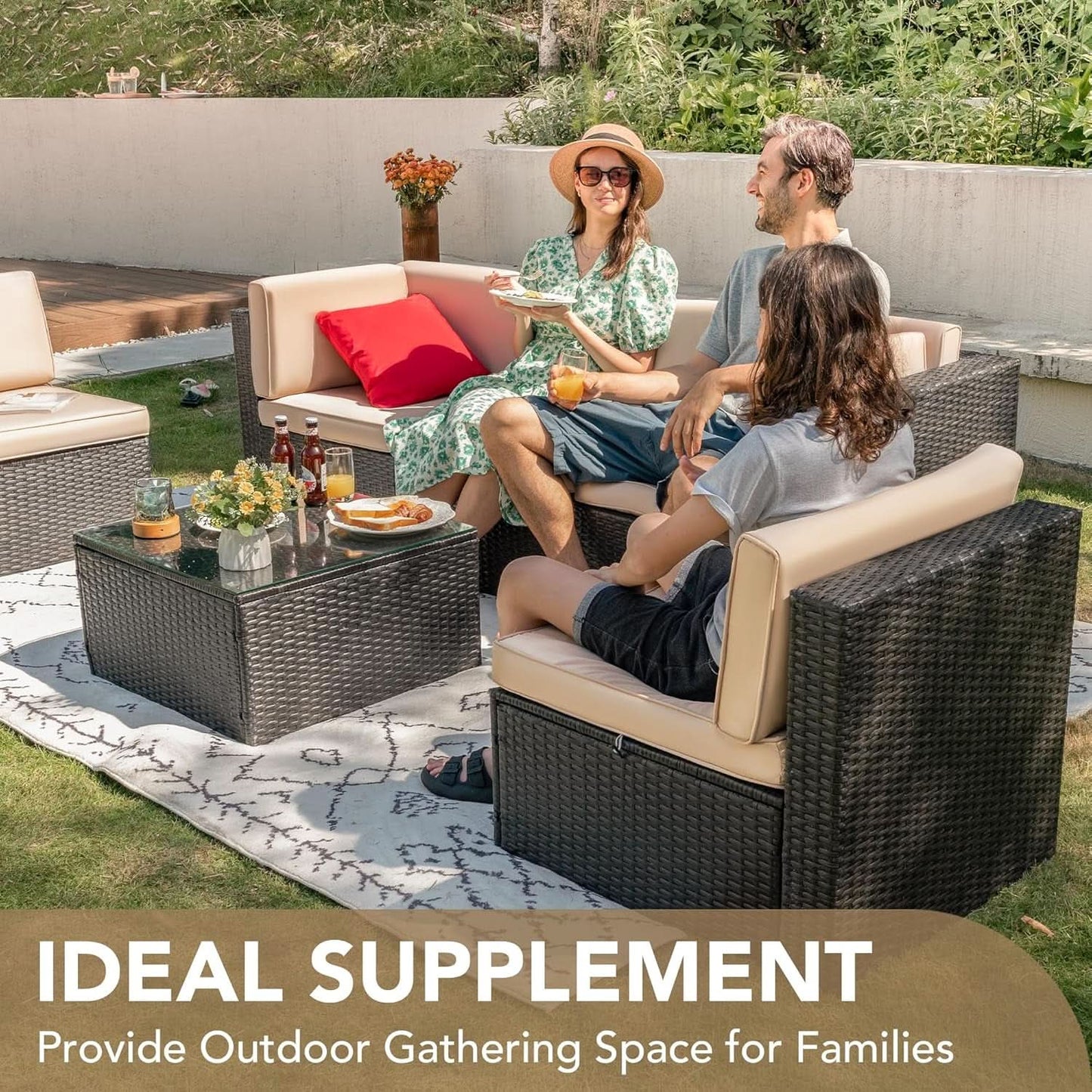 Six Piece Outdoor Rattan Sectional Sofa Set with Cushions