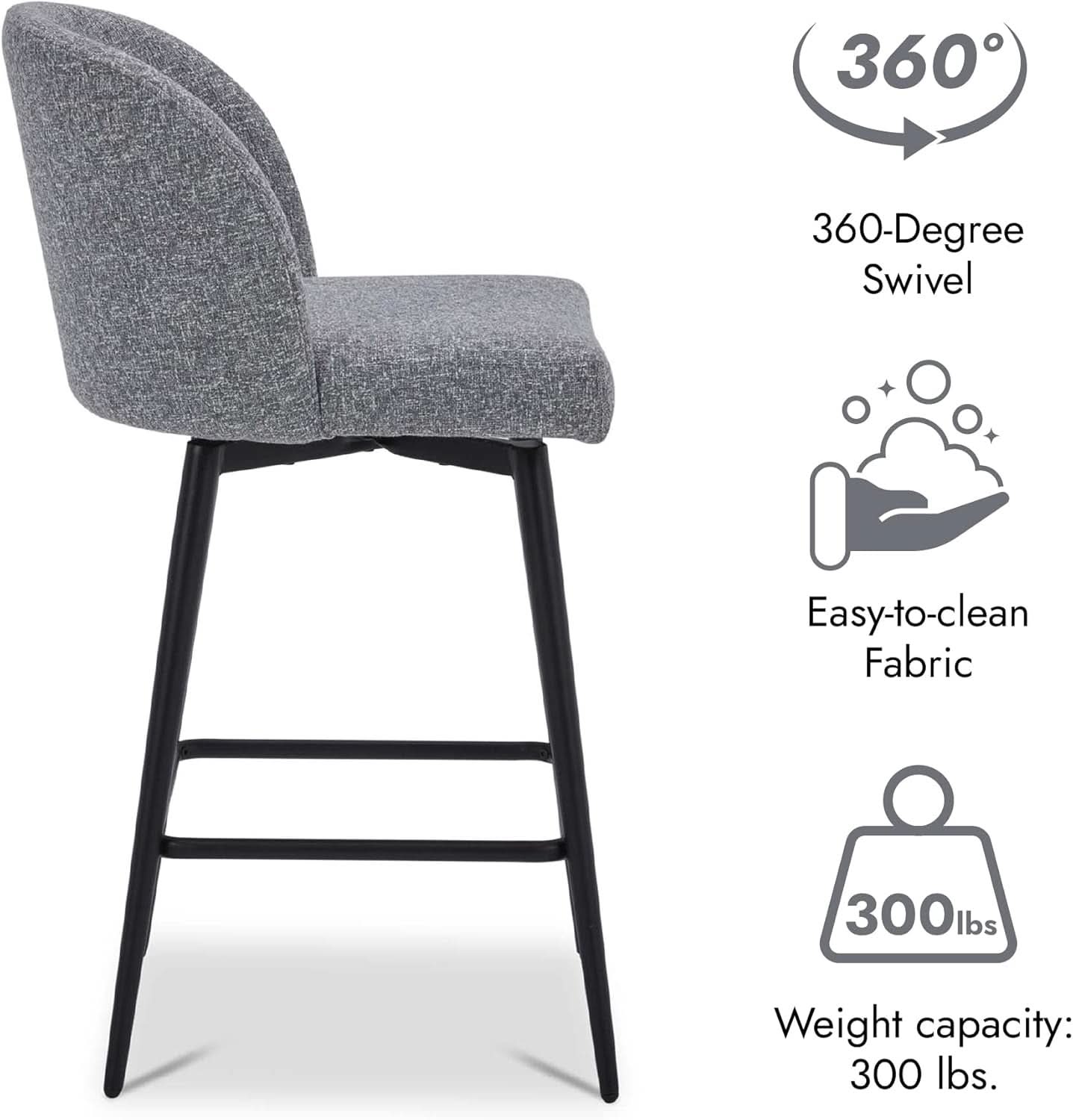 Set Of 3 Counter Height Bar Stools 360 Degree Swivel Grey