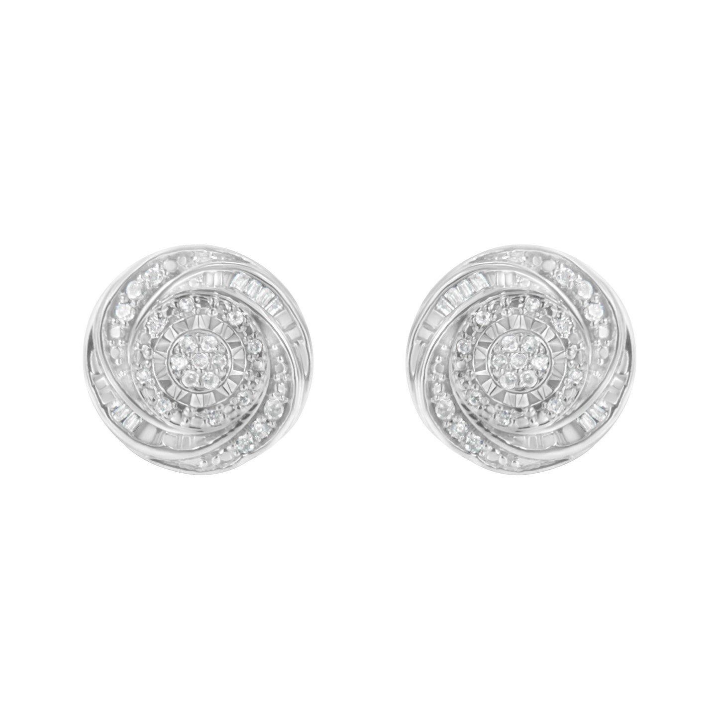 .925 Sterling Silver 1/4 Cttw Baguette and Round Diamond Swirl Love Knot Stud Earrings (I-J Color, I3 Clarity)