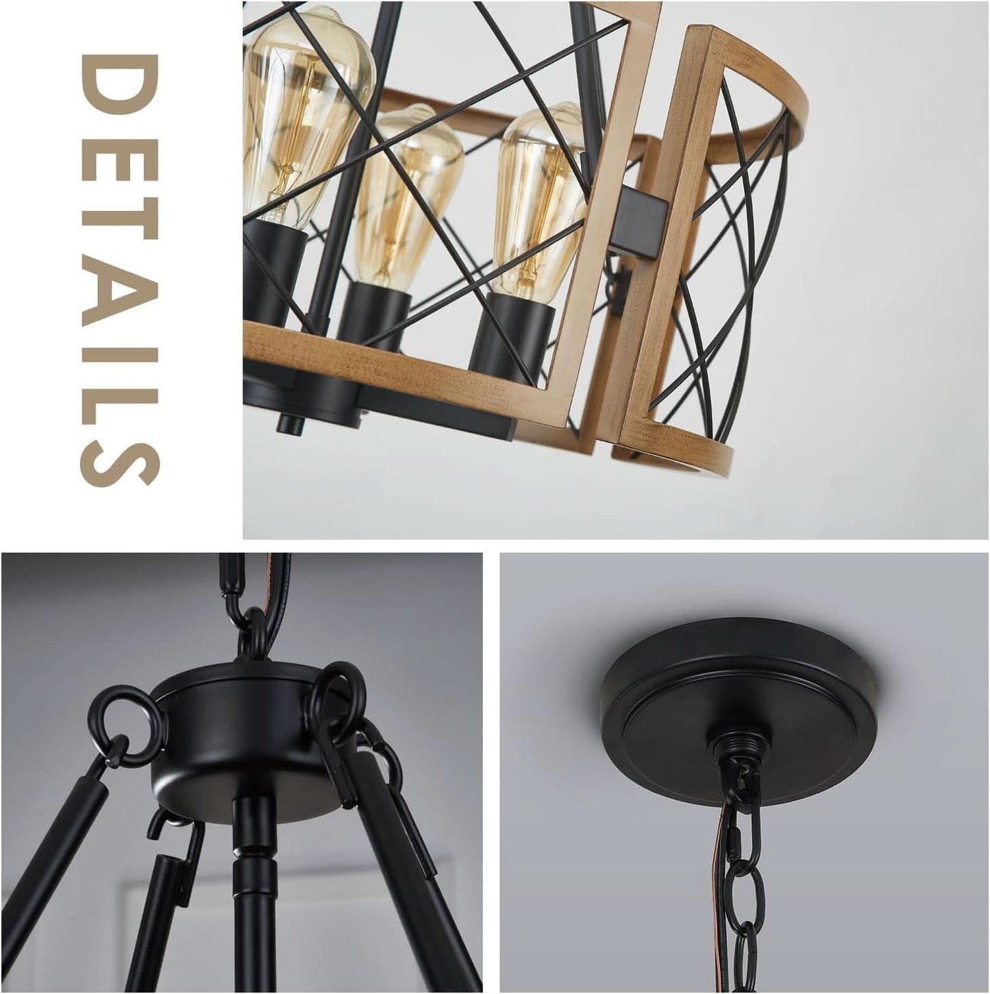 D19 Inch Farmhouse Chandelier 4 Light Pendant Black Oak