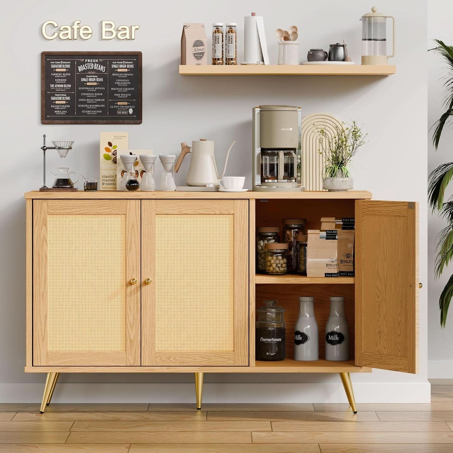 Natural Finish Buffet Cabinet Pair With Rattan Doors