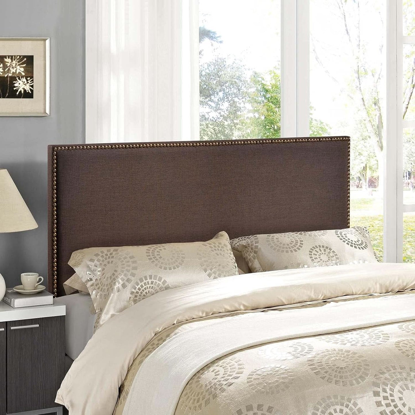 Elegant Upholstered Queen Headboard with Nailhead Trim
