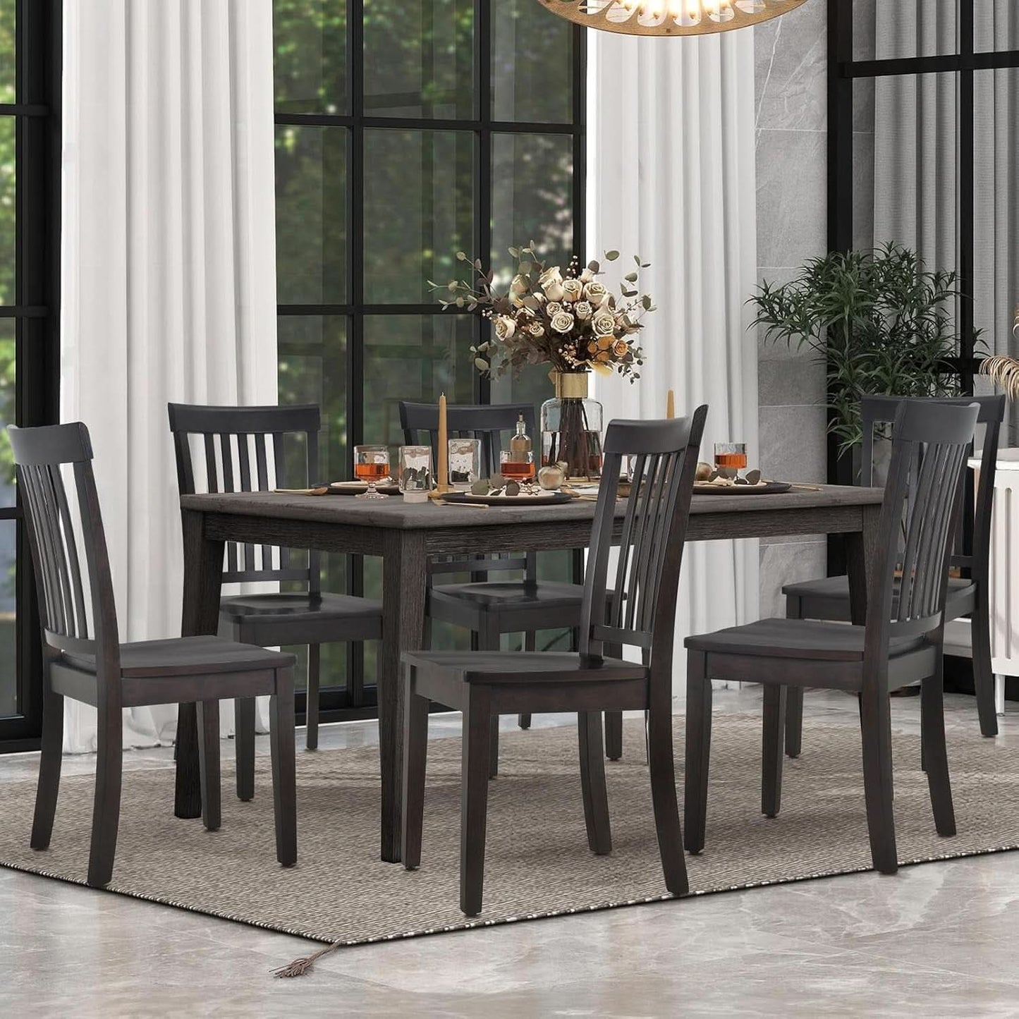 Wooden Windsor Dining Chairs Set Of 6 Dark Brown With Spindle Back