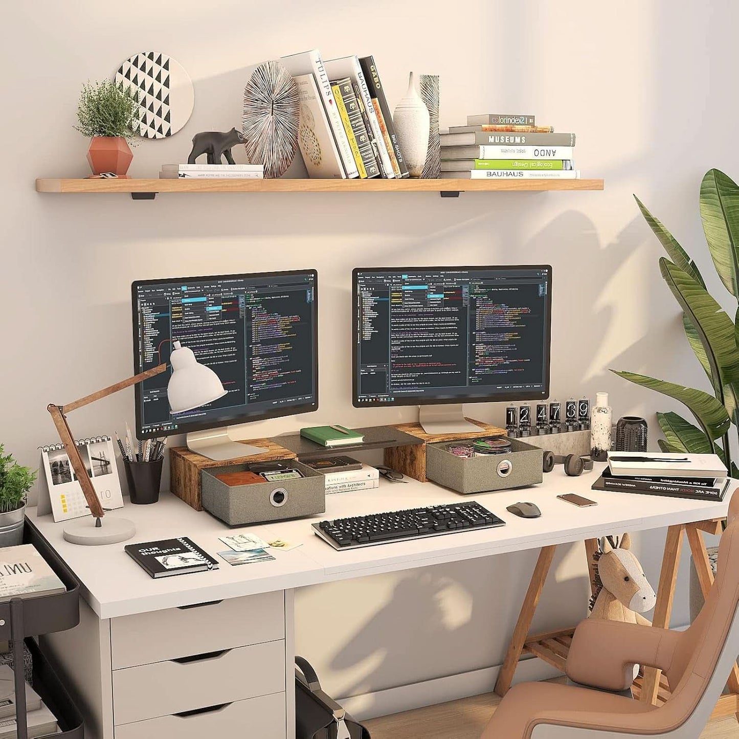 Dual Monitor Stand Riser For Two Monitors With Two Drawers