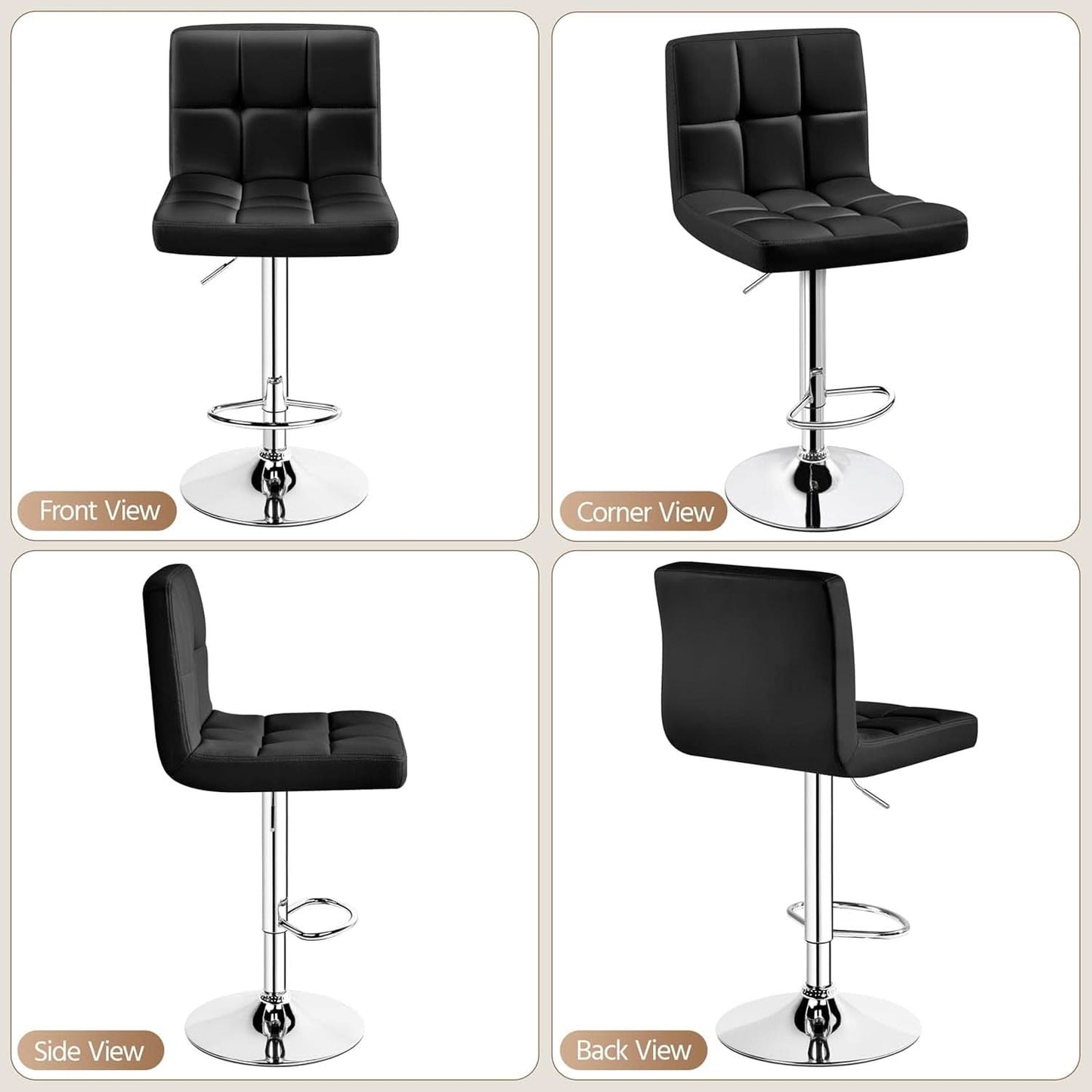 Set Of 2 Adjustable Black PU Leather Swivel Bar Stools
