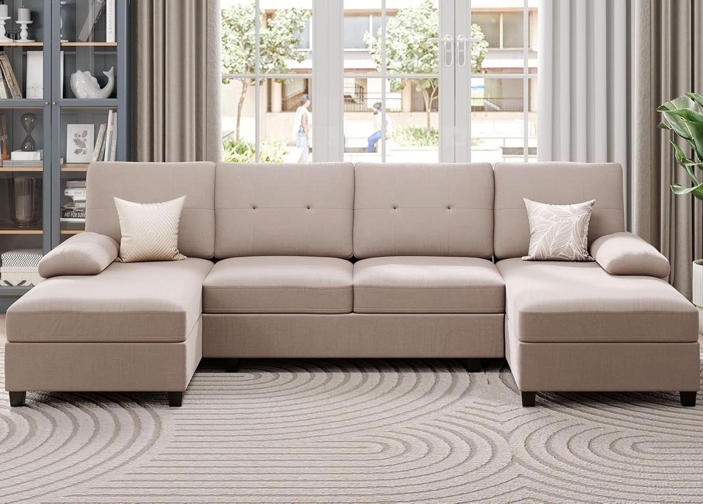 Dark Beige U Shaped Sectional Sofa With Chaise 4 Seats