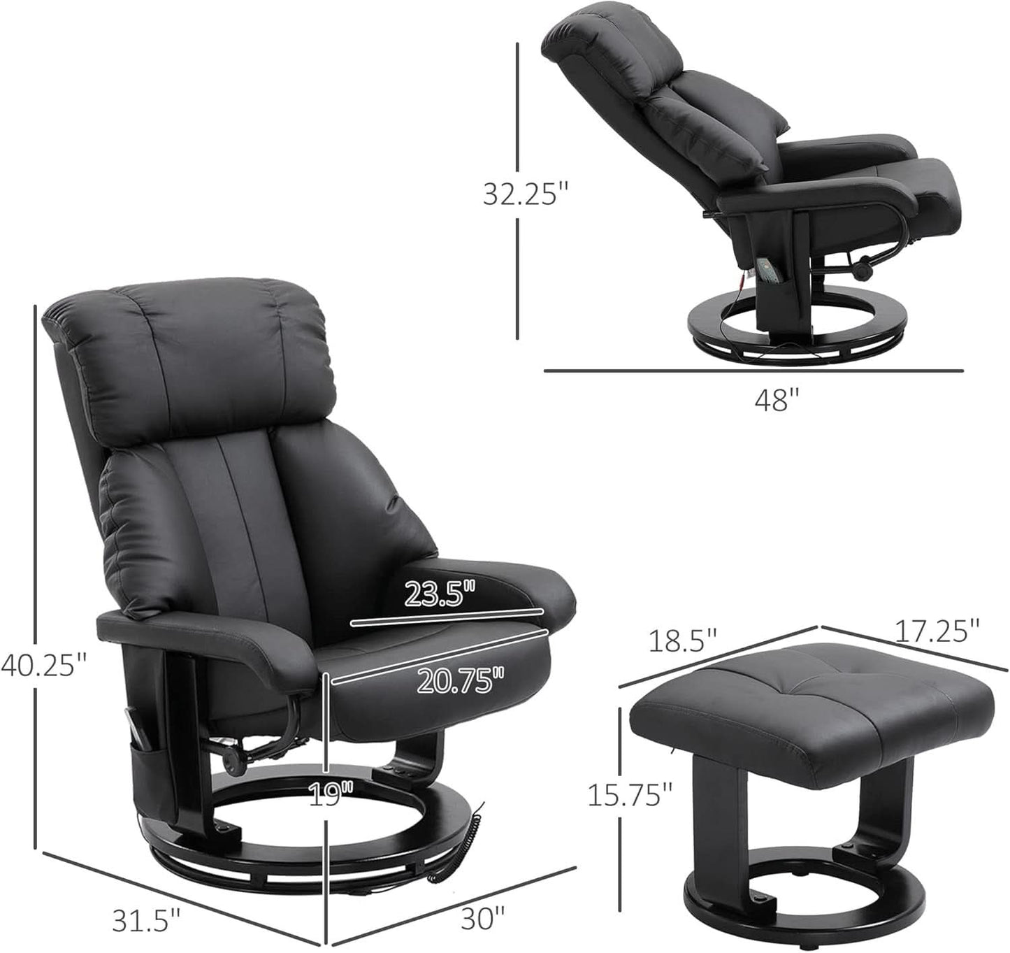 Massage Recliner Chair With Ottoman 360 Degree Swivel Black PU Leather
